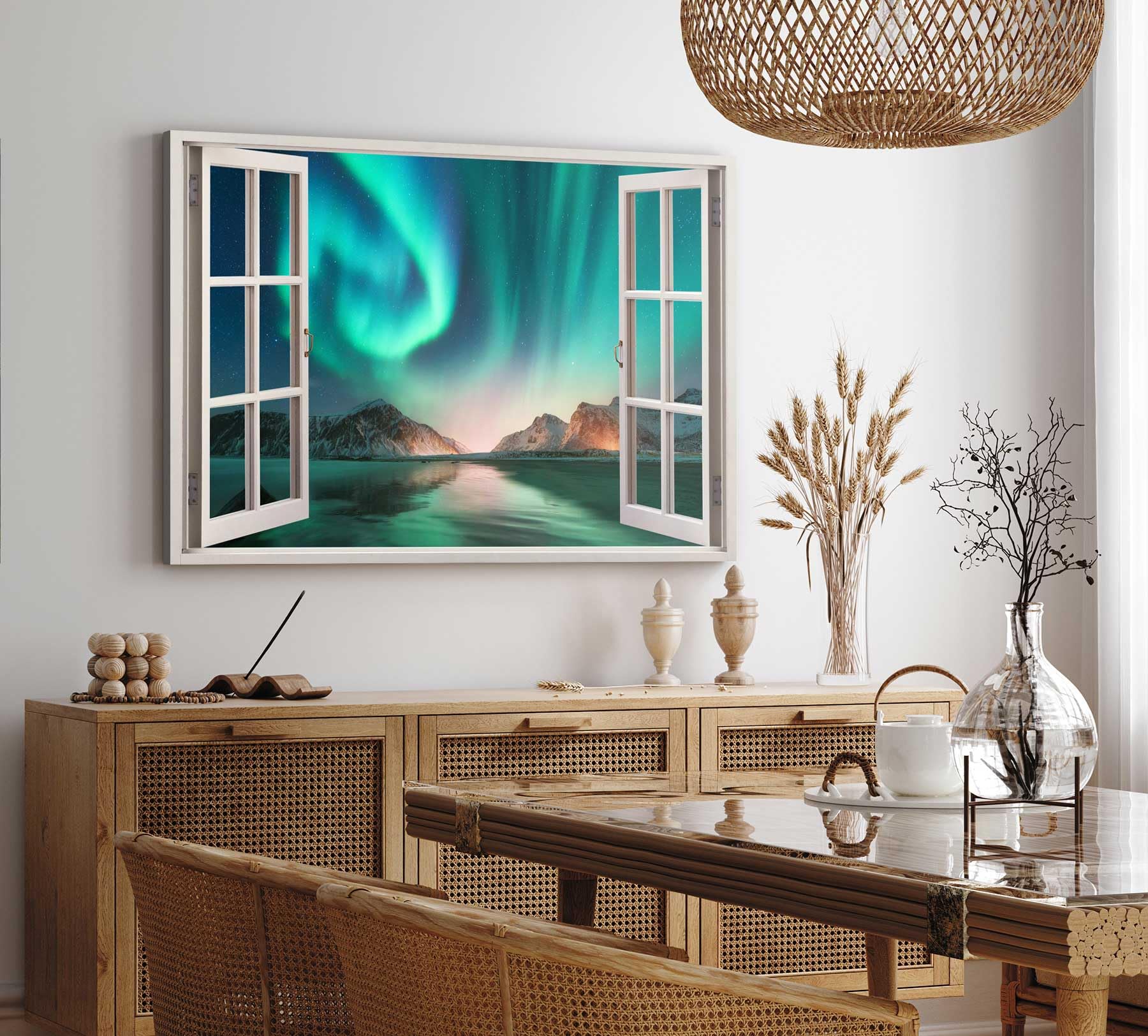 Paul Sinus Wandbild 120x80cm Fensterbild Polarlichter Astrofotografie Nachthimmel Berge Grün