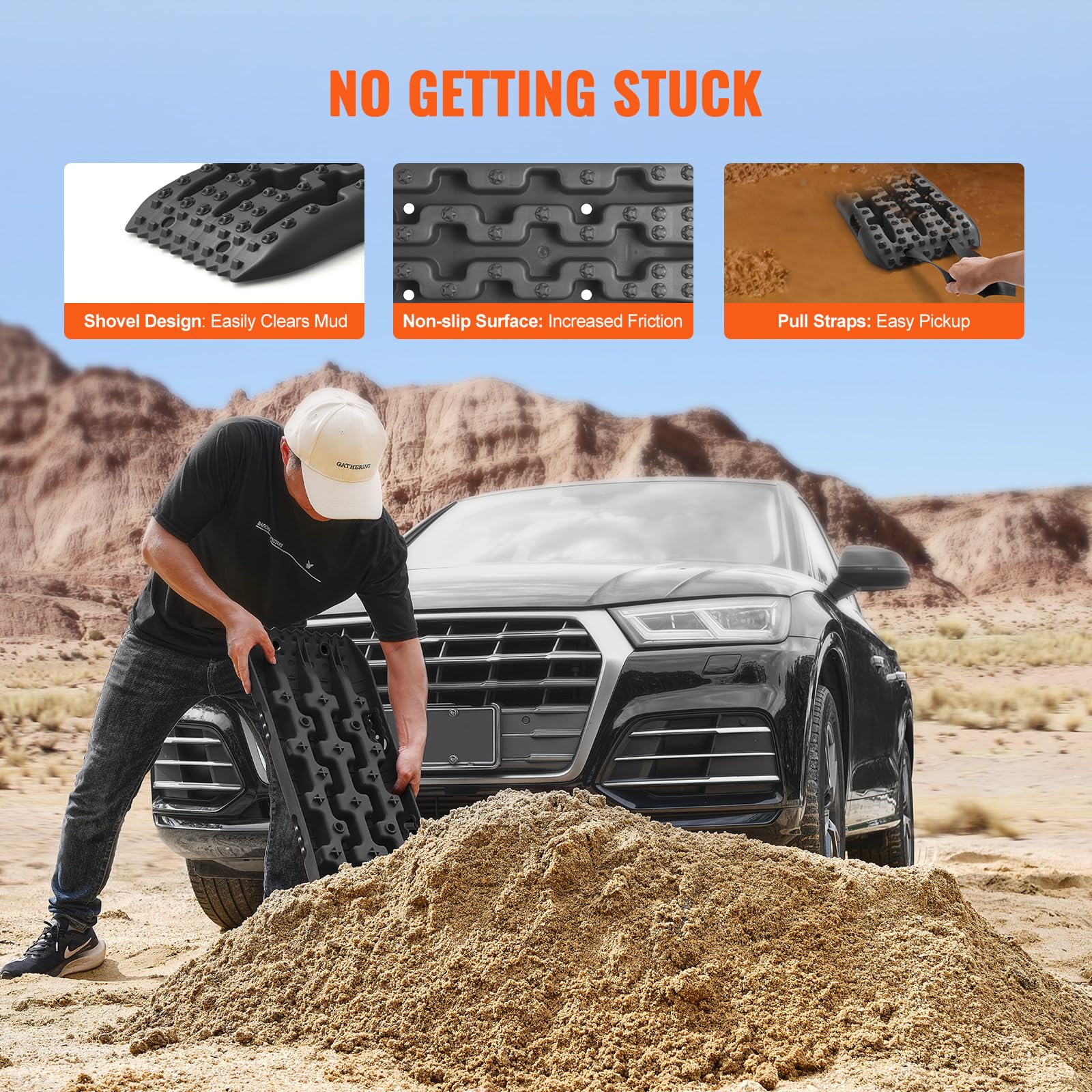 VEVOR Placa de Aterrizaje de PP 10 T Estera de Tracción para Todoterreno/Coche/Pick-up/SUV/RV Tabla de Recuperación de Arena y Lodo de Nieve Bolsa de Almacenamiento, Corta, Negra, 2 Piezas
