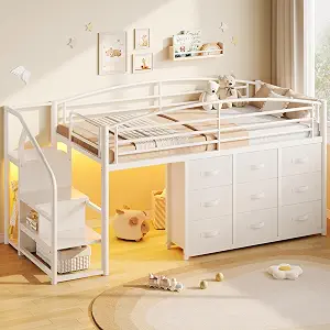 Jocoevol Low Loft Bed with 9 Storage Drawers, Hanging Rod and LED Lights, Metal Twin Kids Loft Bed with Stairway Shelf Storage, Safety Guardrail and Under-Bed Play Space for Kids (White)