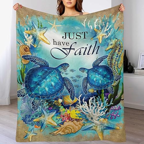 Miniatura 2 de Manta de tortuga marina decorativa con diseño de tortuga, manta inspiradora con texto en inglés "Just Have Faith", regalos para niñas y niños, ropa