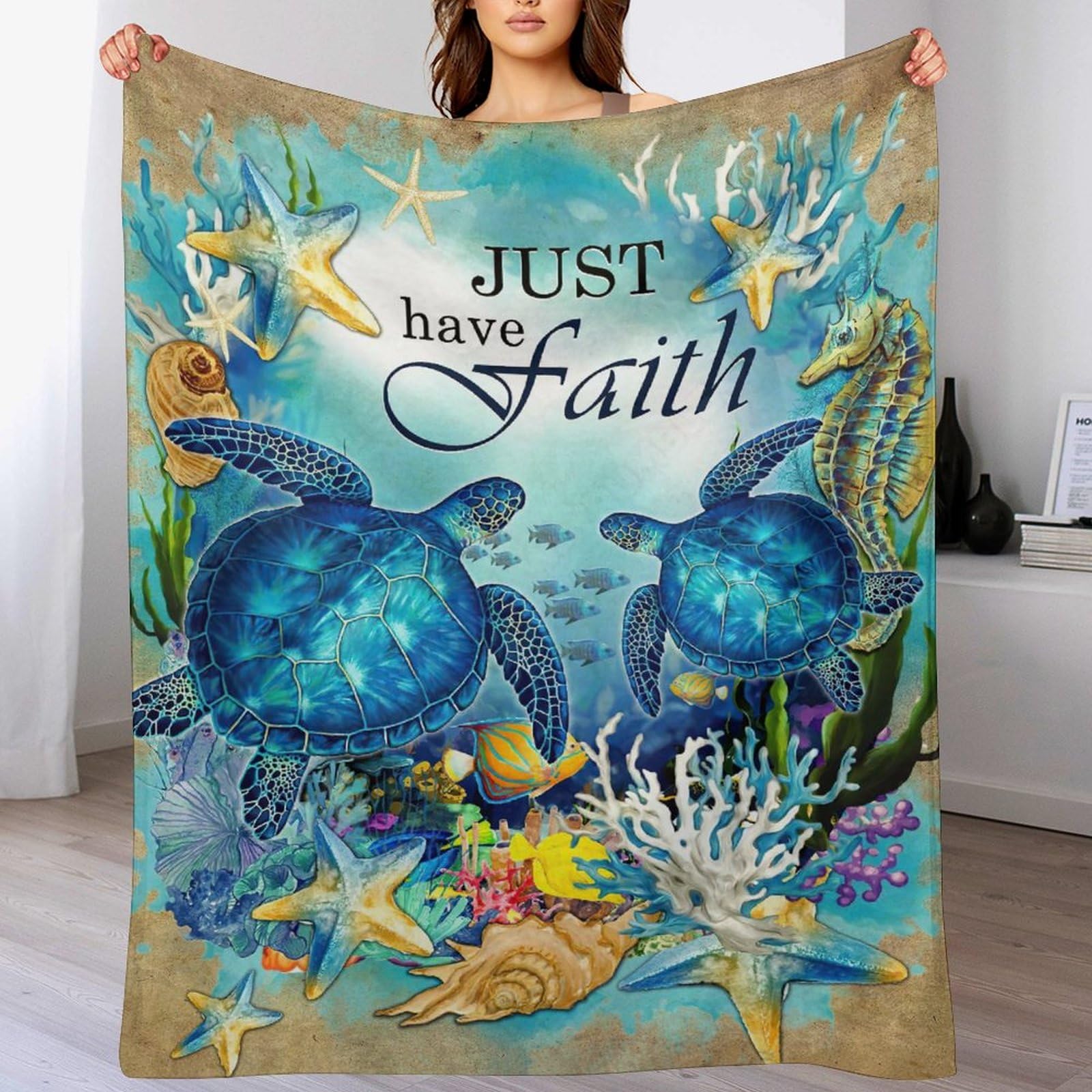 Sea Turtle Blanket Turtle Decor Throw Blanket Just Have Faith Inspirational Ocean Blanket Gifts for Girls Boys Winter Bedding Super Warm Soft Plush Fleece Flannel Blanket for Kids Adults Women 40