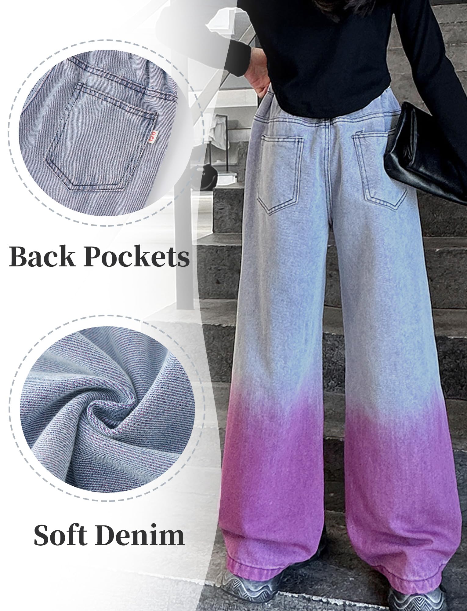 Maeau Zerrissene Jeans mit Weitem Bein für Mädchen, Farbverlauf Denim Hose Gerade, Loose Fit Freizeithose mit elastischem Bund und Taschen, 5-14 Jahre/Höhe 120-170 cm