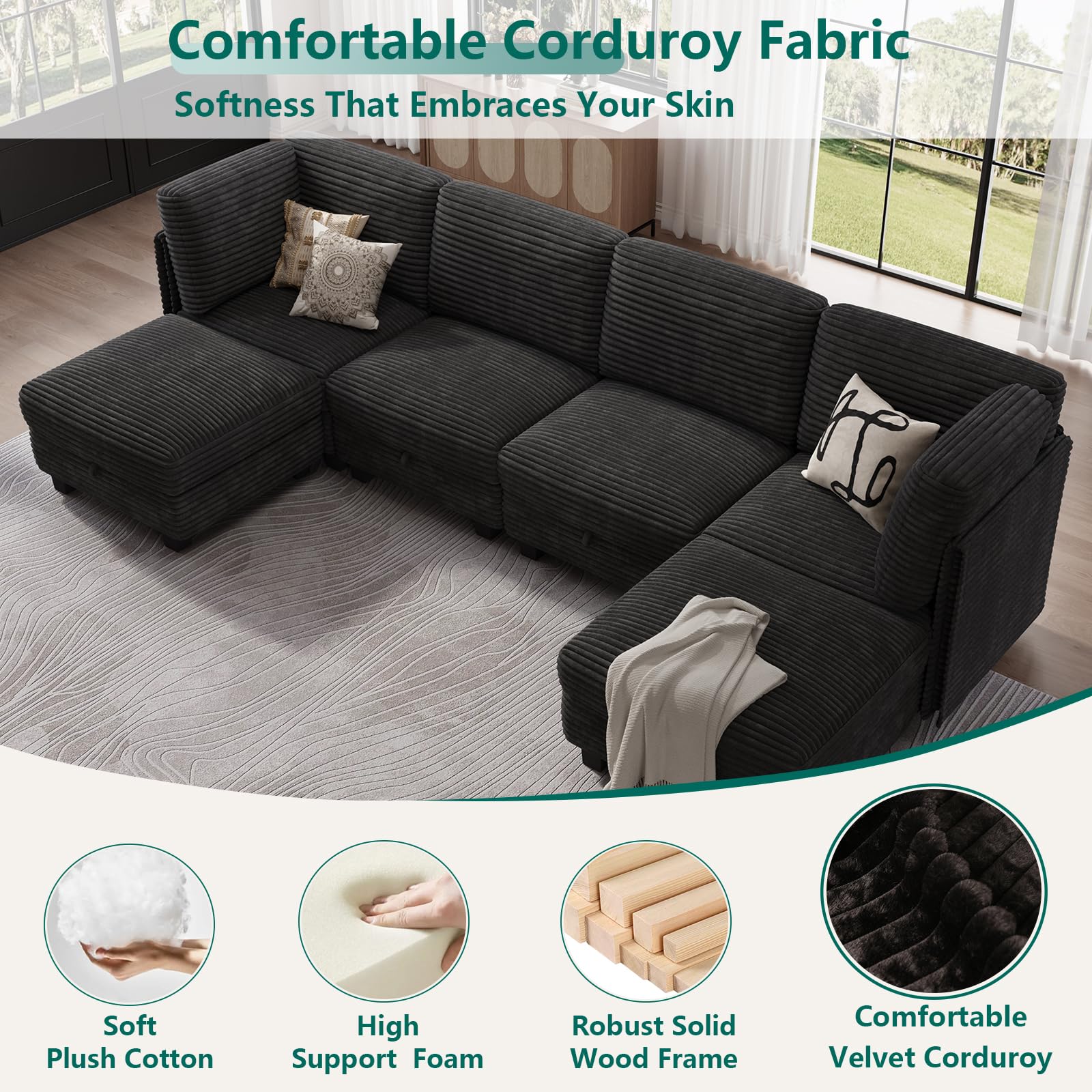 Modular Sectional Cloud Couch, Convertible Sleeper Sofa Bed for Living Room | Flexible L/U-Shaped Design, Freely Adjustable Backrest, Comfortable Foam Cushions, Sturdy Frame, Easy to Assemble, Black