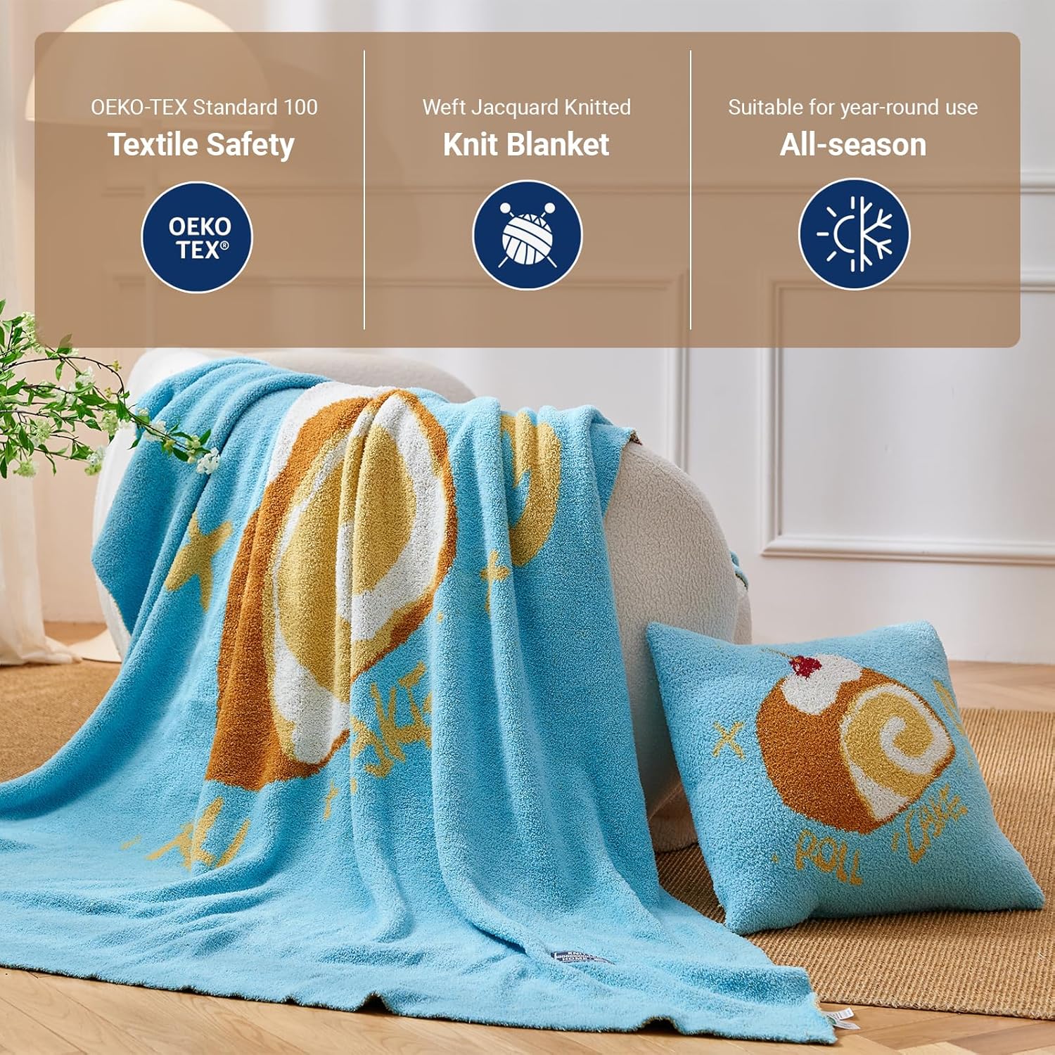 YIRUIO Swiss Roll Pattern Plush Blanket & Pillowcase Set,Ultra Soft Cozy Warm Thick Fuzzy Fluffy 50x60 Throw Blue with 18x18 Cushion Cover for Bed Sofa Couch Home Decor Gift