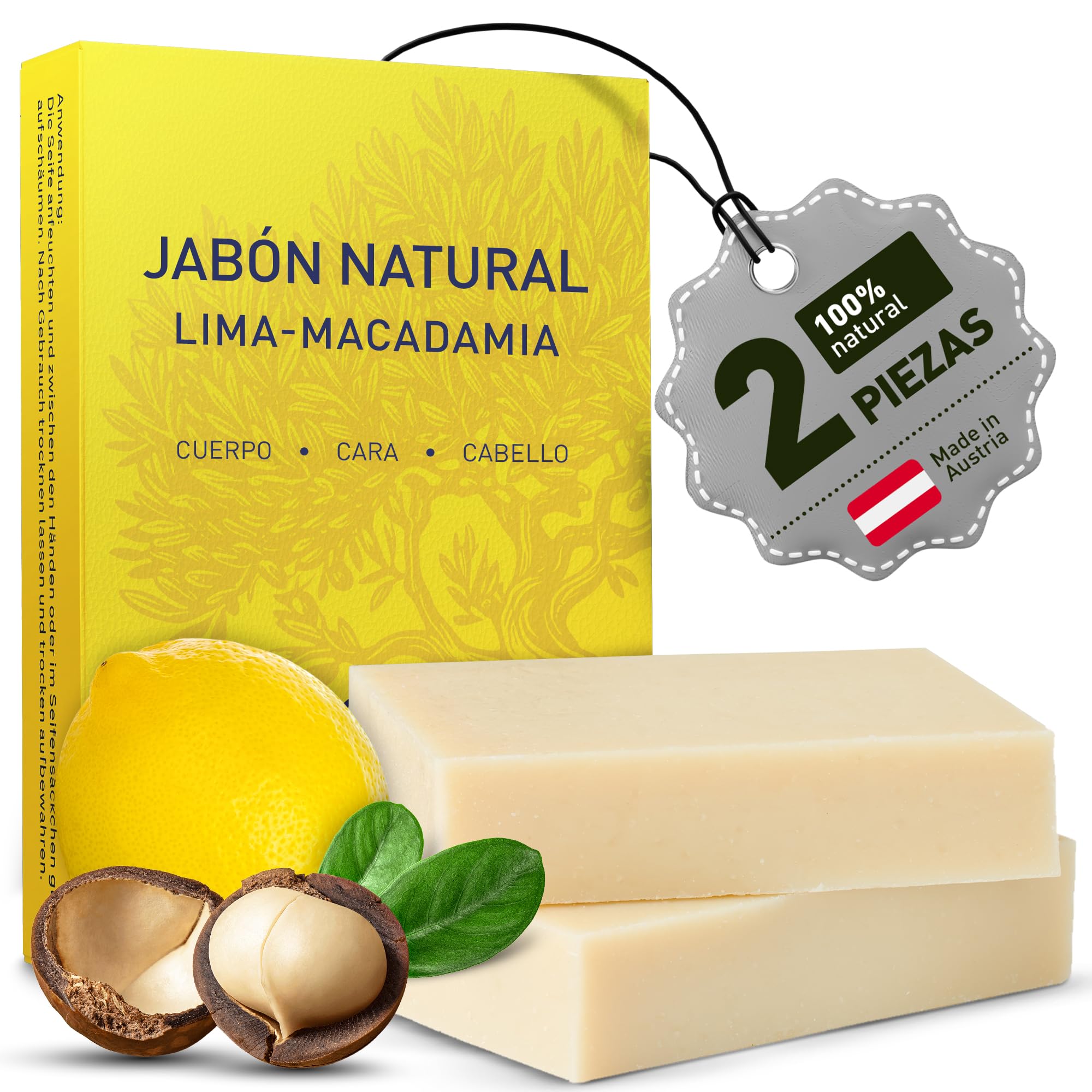 larum sports Jabon Natural Cuerpo y Cabello LIMA-MACADAMIA – Jabones Naturales Artesanales – Jabones para Regalar – Pastilla Jabon Ducha 100% Vegetal – 2x85g Jabón Natural Cuerpo Vegano