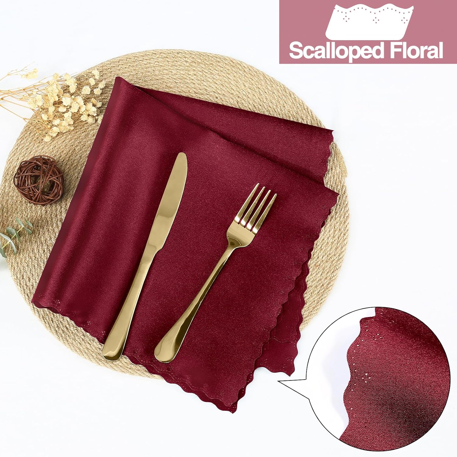 Homiest Burgundy Satin Napkins 20x20 Inch, 100 Pack Scalloped Edges