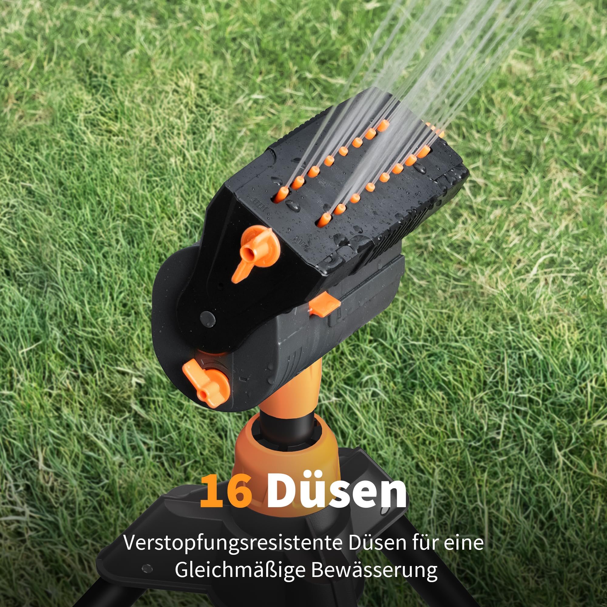 Diivoo Oszillierender Rasensprenger, Gartensprenger mit Dreibeinstativ, Viereckregner mit Messinganschluss, Wassersprinkler Einstellbare Breite, Reichweite und Durchflussrate, 16 Düsen, Grau