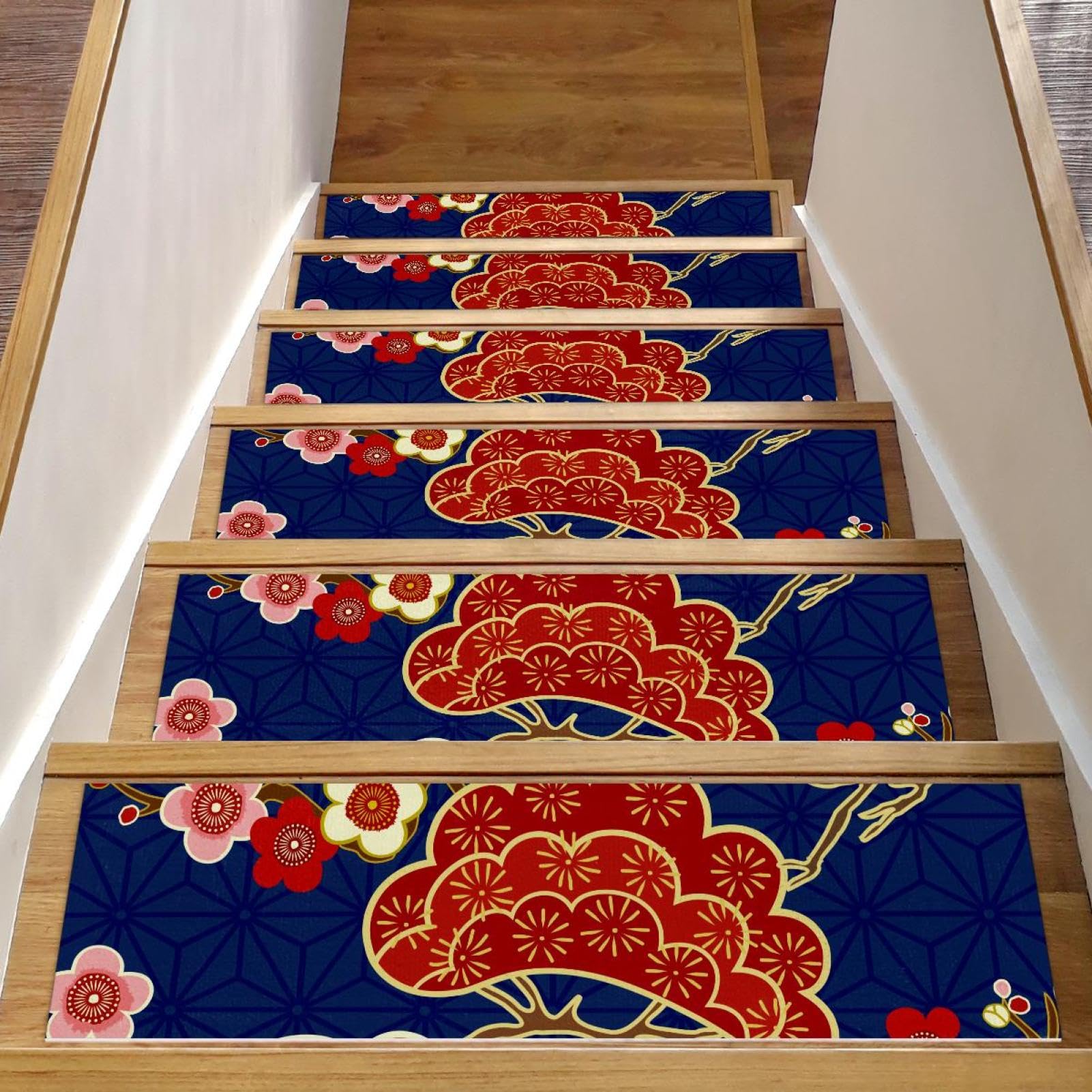 Alfombrillas antideslizantes para escaleras protegen madera con patrón japonés azul cereza