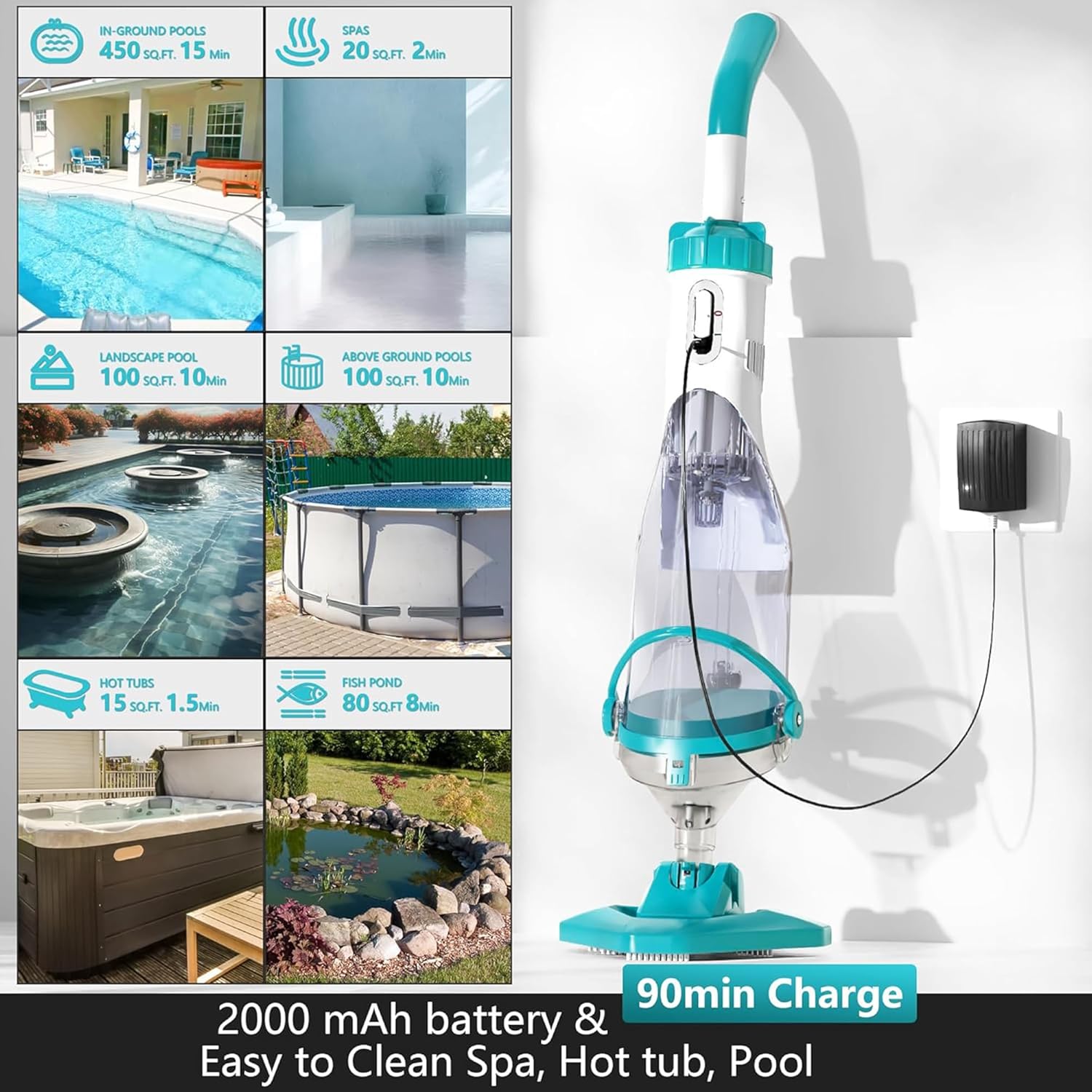 Cordless Pool Vacuum for Above Ground Pool 19.5 GPM, All-Angle Head&LED Display,Handheld Rechargeable Spa Vacuum Cleaner for Inground Pools for Hot Tub, Leaves,Debris,Shallow Steps