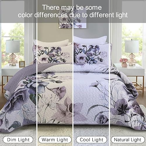 Miniatura 6 de Juego de edredón floral de 2 piezas tamaño individual, juego de edredón floral bohemio morado de microfibra suave, ligera, colcha acolchada morada