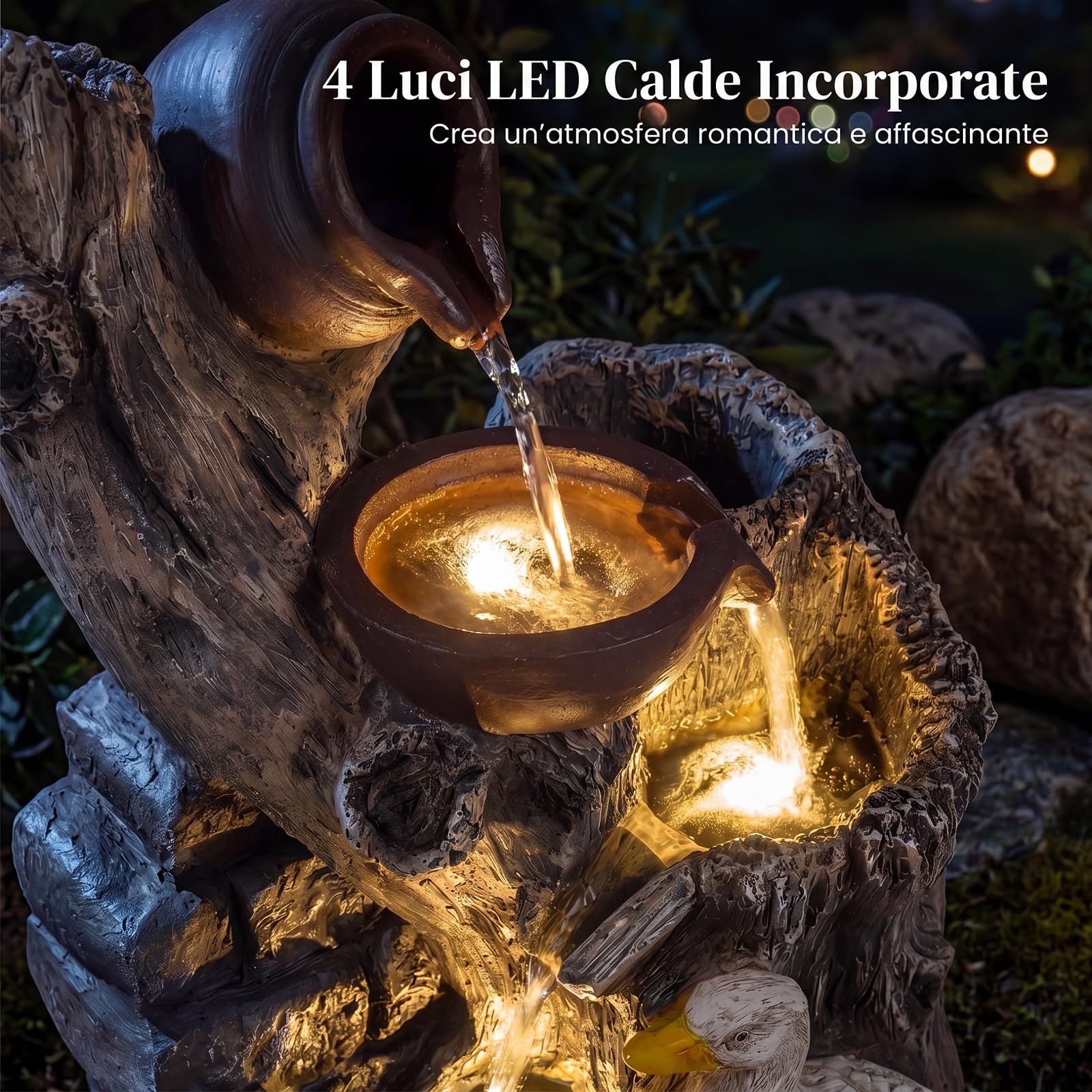 COSTWAY Fontana a Cascata da Esterno, Fontana da Giardino con Illuminazione LED e Pompa, Ornamento Cascata in Resina Effetto Pietra e Legno con Anatre per Cortile e Salotto, 30 x 27 x 57 cm