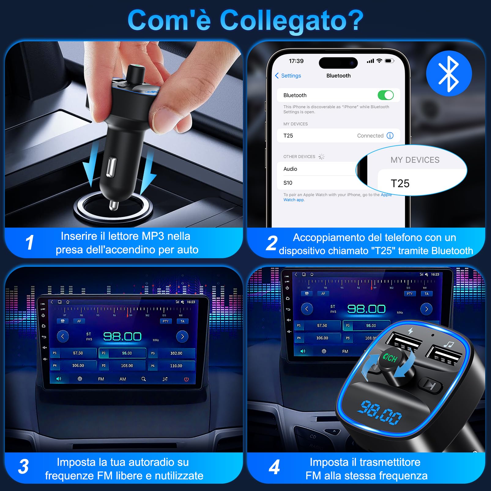 Trasmettitore FM Bluetooth 5.3 per Auto Radio, Adattatore Bluetooth Auto con 2 Porte USB, Kit Vivavoce MP3 Audio Lettore Caricabatterie Auto Supporto BT, Scheda TF, Disco USB