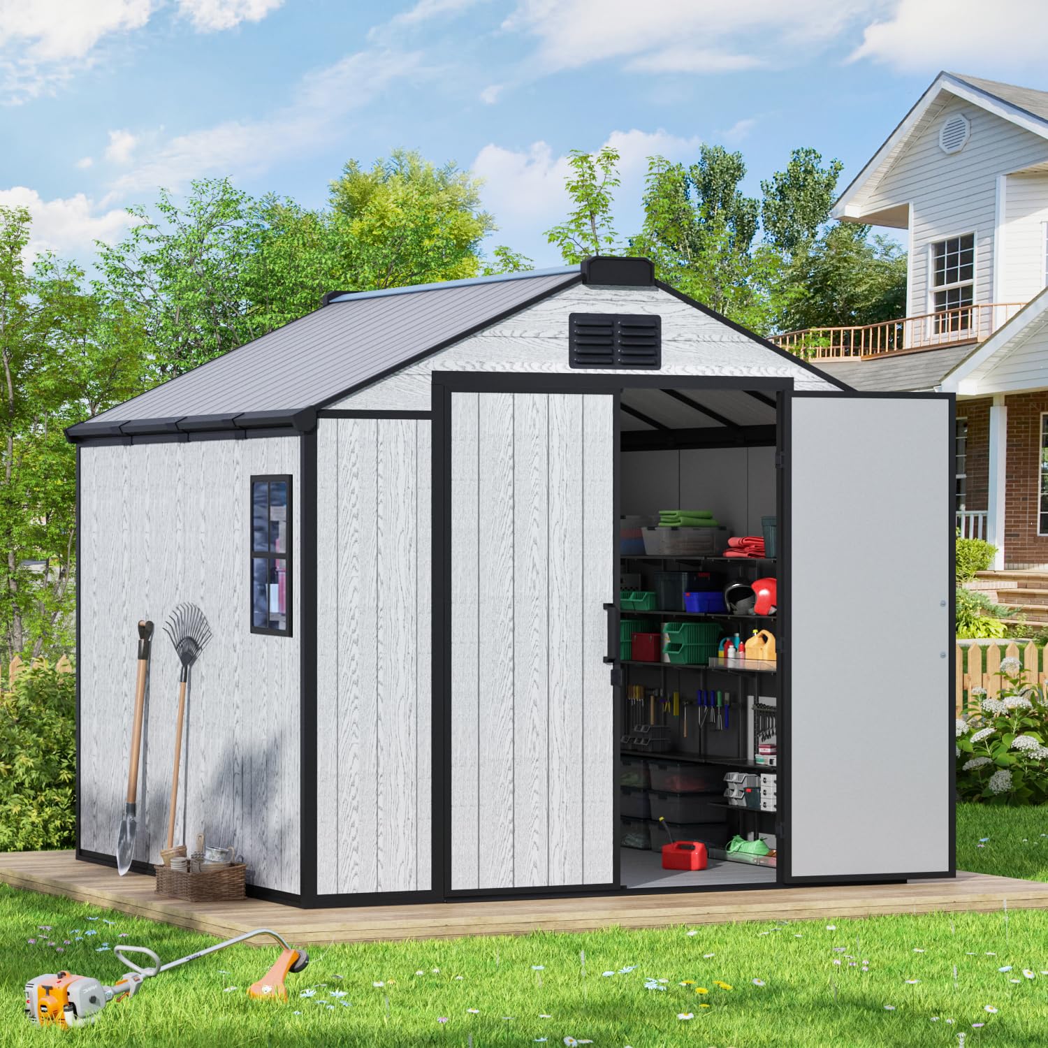 MELLCOM 8 x 8 FT Resin Outdoor Storage Shed with Floor, Outdoor Storage Tool Shed with Windows and Lockable Door, Resin Garden Shed for Lawnmower, Bike, Pool Supply - 1