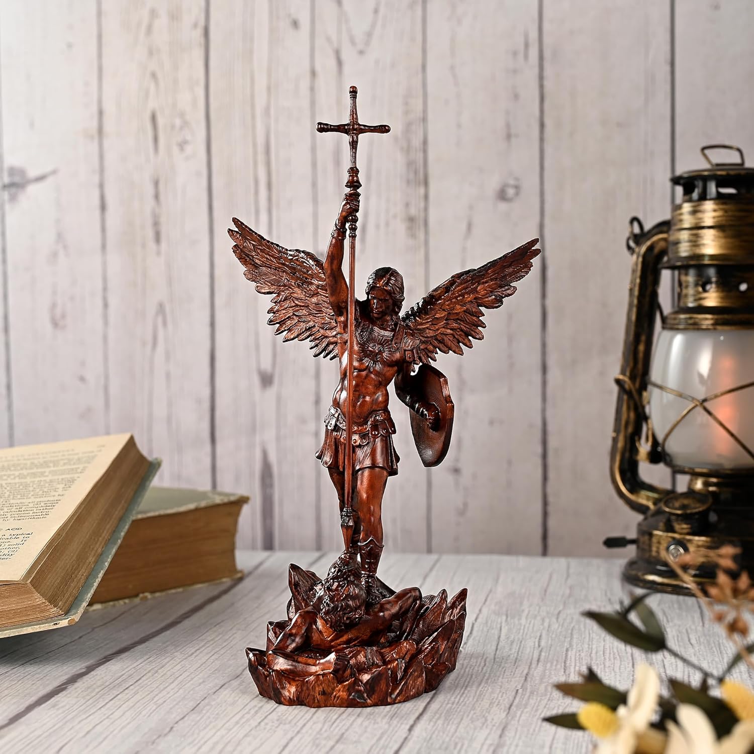 Wooden Archangel Michael Statue, Handmade Saint Michael Statue, St Michael Figurine Archangel Figure Religious Gift for Home Decor Easter Christmas (10 Inch)