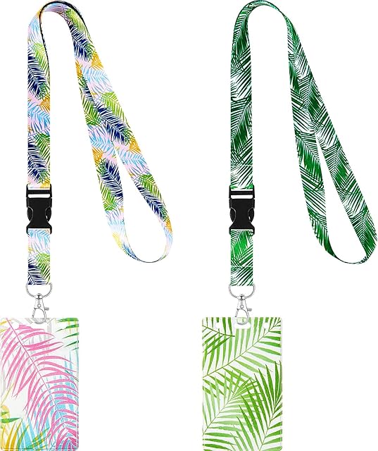 2 Set Lanyard with Card Holder, Neck Strap Flowers Lanyard and Waterproof Transparent Badge Holder for ID Card, Office School Supplies (Leaf Style)