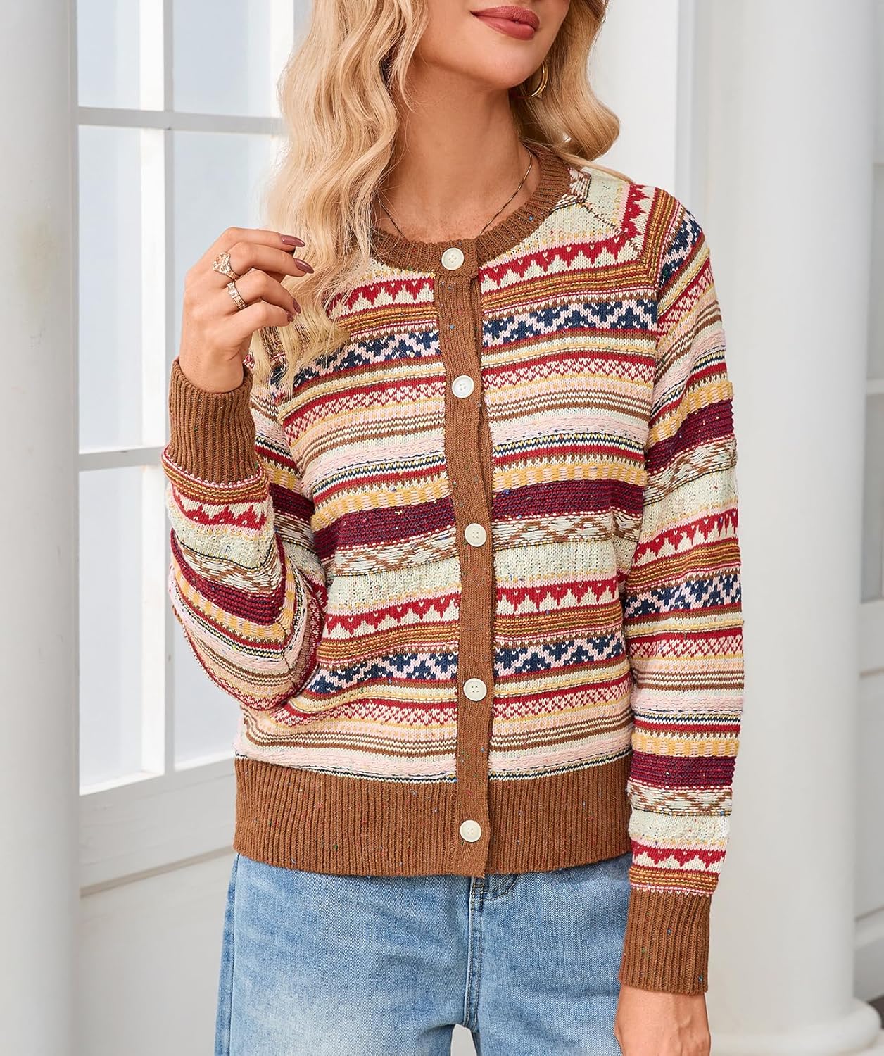 Ladyful Women's Striped Cardigan Sweaters Button Down Chunky Knit Color Block Long Sleeve Tops Fair Isle Sweater Coats - Image 4