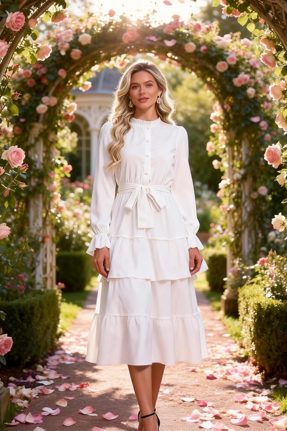 Women's 2026 Spring Dresses Long Puff Sleeve Crew Neck A Line Elastic Wasit Embroidery Formal Casual Midi Dress - Image 3