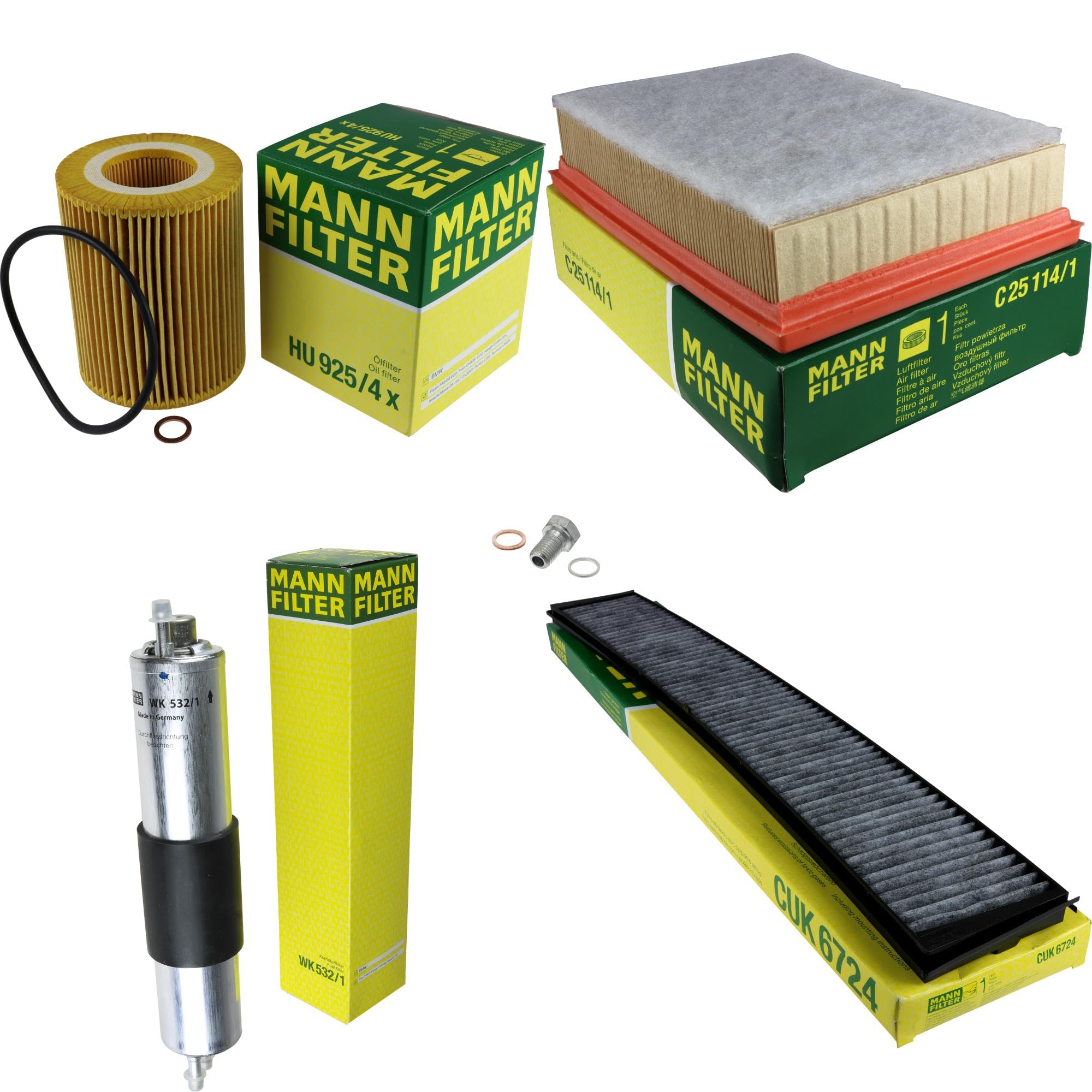 Paquete de inspección Kit de mantenimiento de filtros con filtro de aceite HU 925/4 x, filtro de aire C 25 114/1, filtro de combustible WK 532/1, filtro de habitáculo CUK 6724, tornillo de