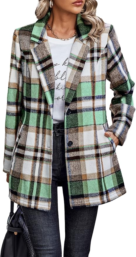 PRETTYGARDEN Women Plaid Shacket Jacket Trendy Fall Casual Button Wool Blend Tartan Trench Coat Winter Clothing with Pockets