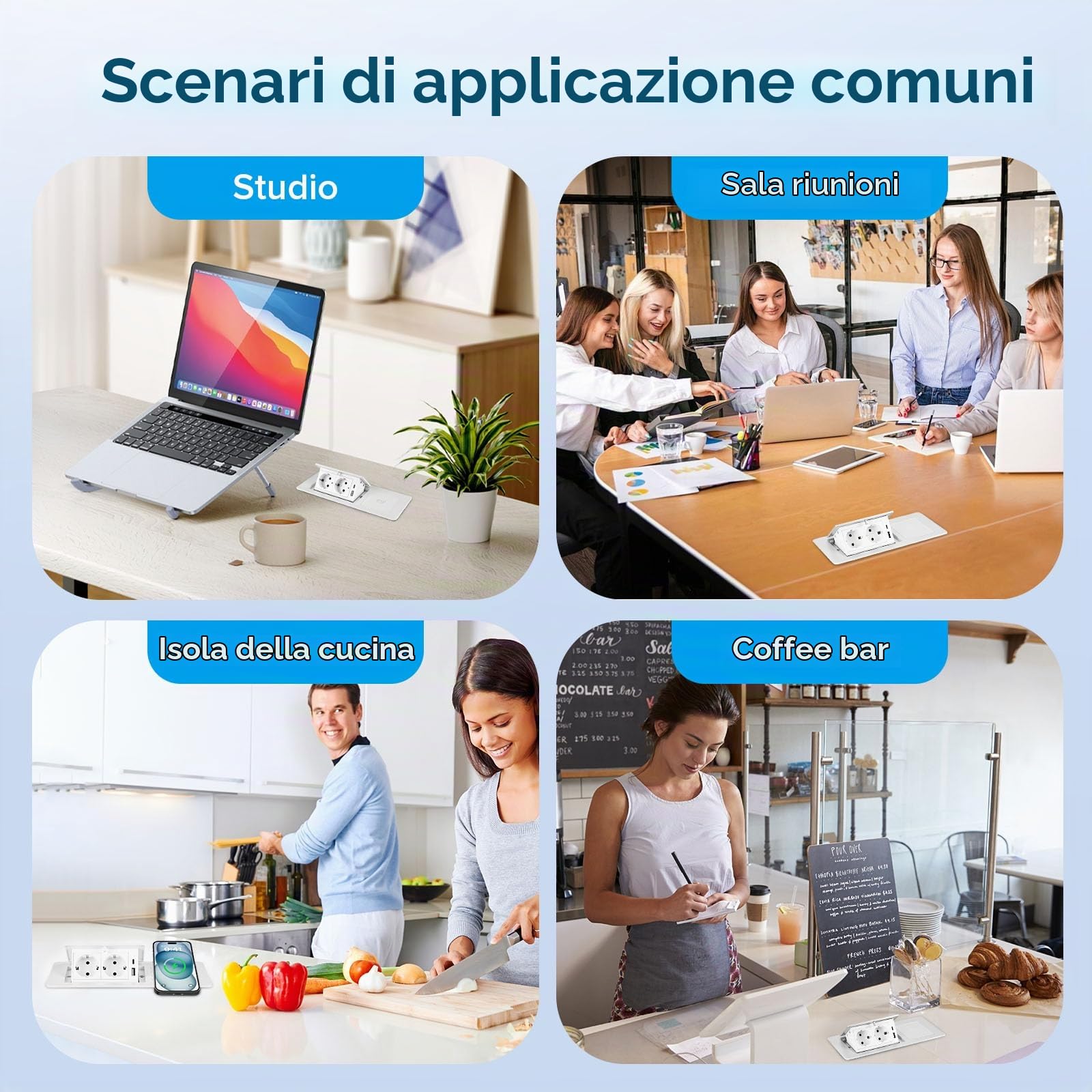 Presa a scomparsa con USB-C PD20W e ricarica wireless 15W – Presa da incasso per scrivania e cucina, 2 prese Schuko + USB-A, alluminio pressofuso, bianco