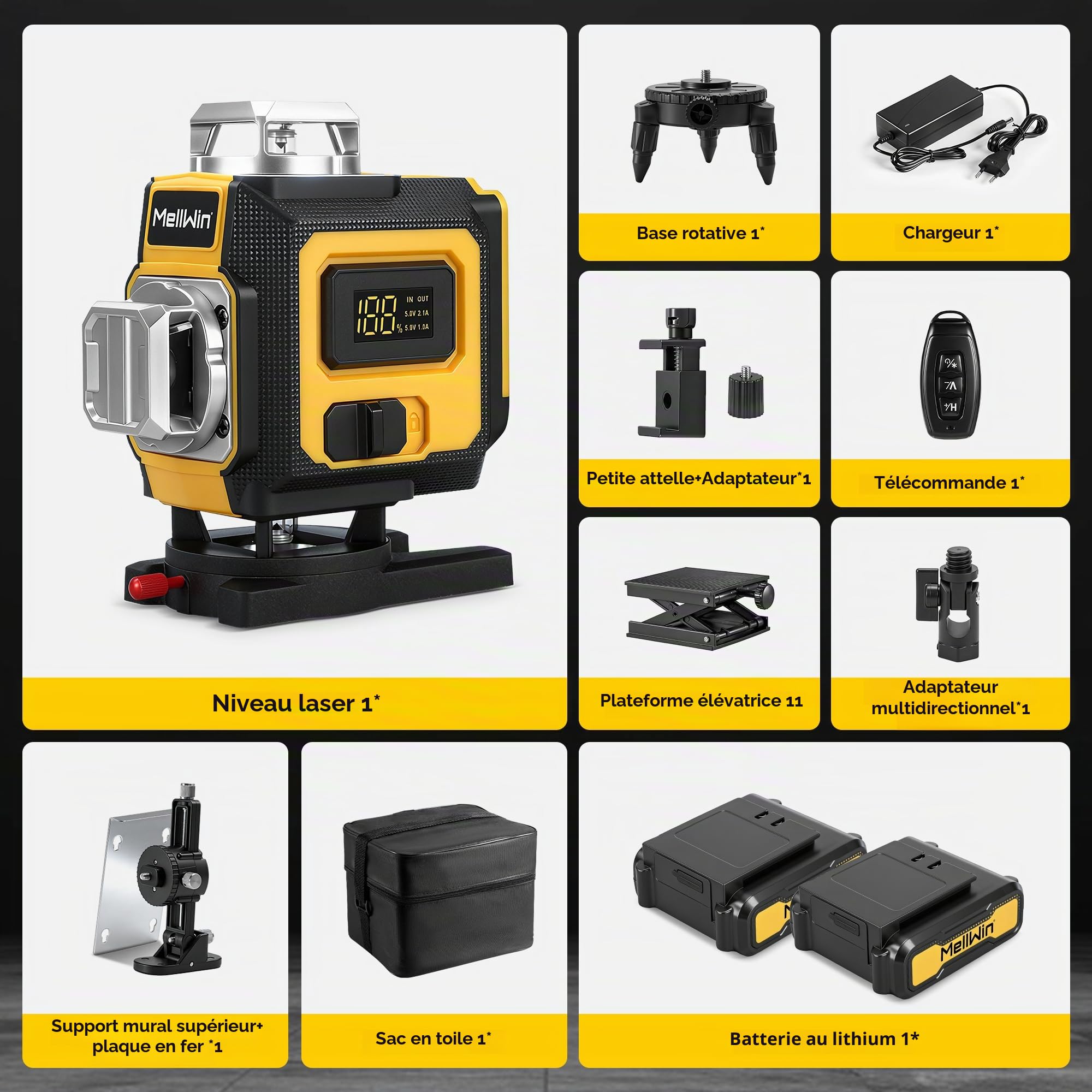 Niveau laser avec trépied,4800 mah Batterie, nivellement laser 4D et autonivellement avec 16 lignes, laser à lignes croisées,multifonction, mode impulsionnel 360 degrés, IP54,Alertes vocales