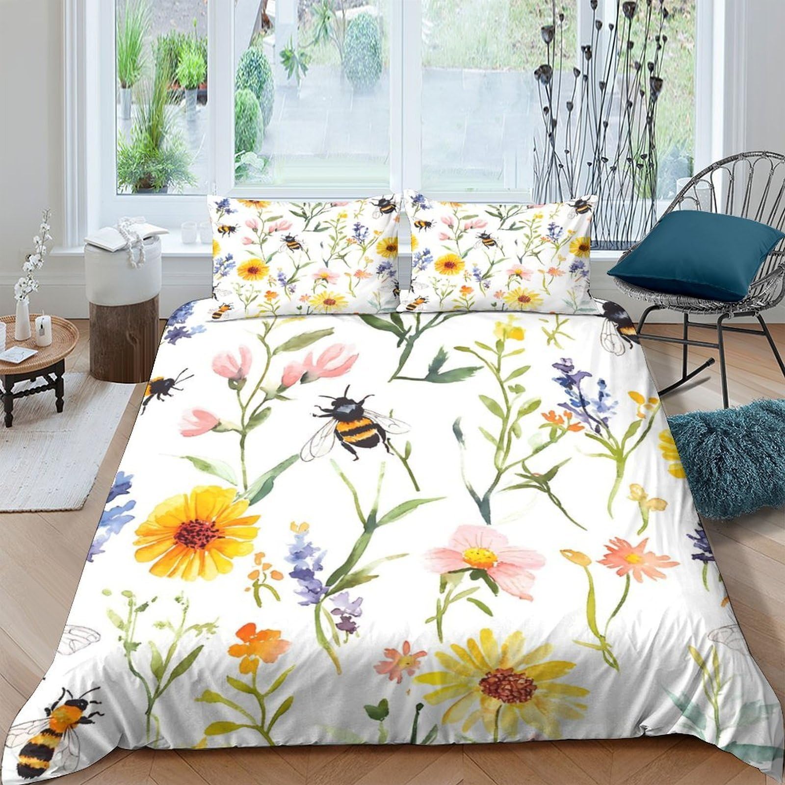 Ctjqhvkz Style-6 3D Printed Wildflower Bee Fitted Sheet Microfiber Soft Mattress Cover Bedroom Decor Protection For Adults Teens Single（135X200cm）