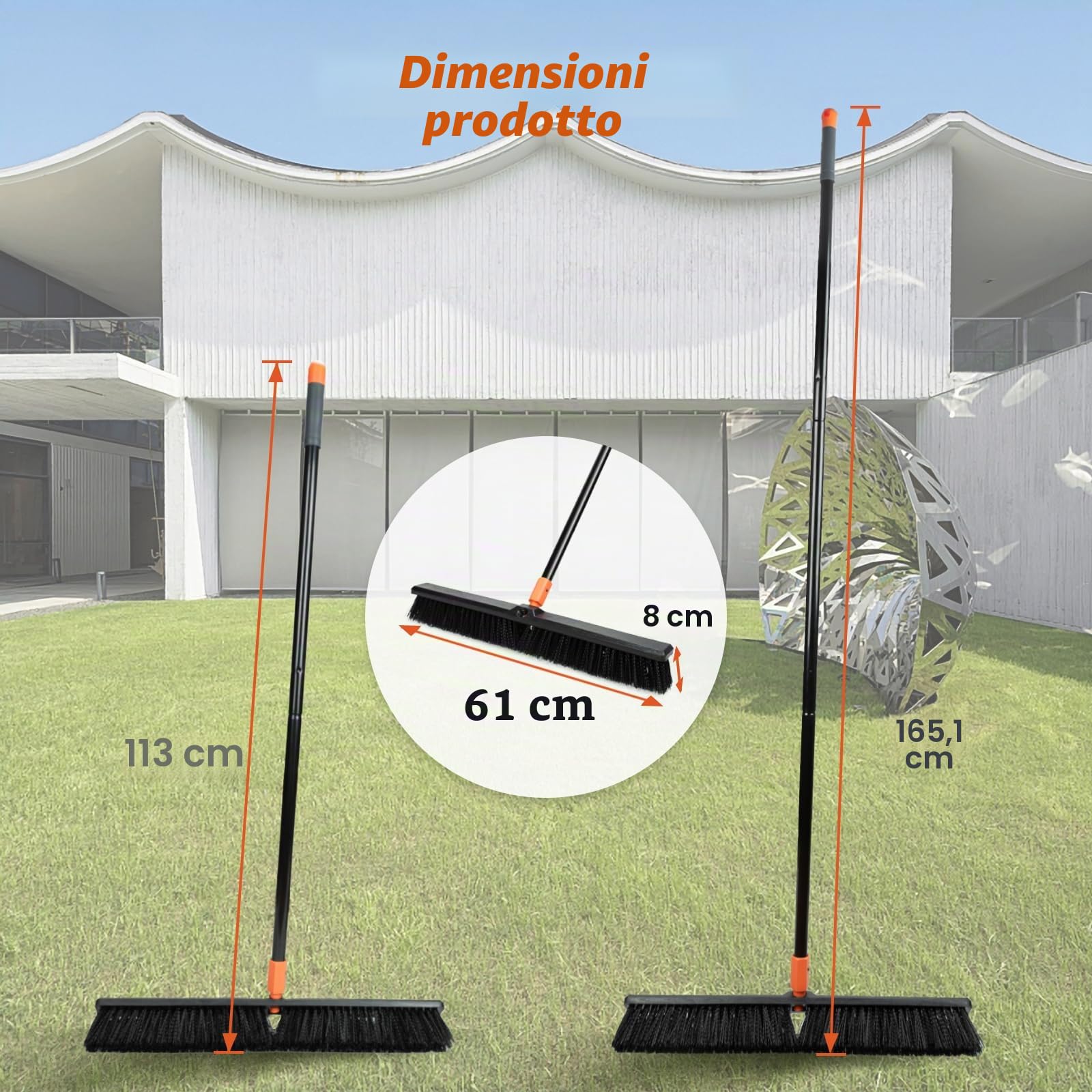 TreeLen Scopa a spinta da 61 cm per esterni, resistente, con manico lungo, setole rigide, per patio, cortile, garage, terrazza, vialetto, pulizia pavimenti in cemento