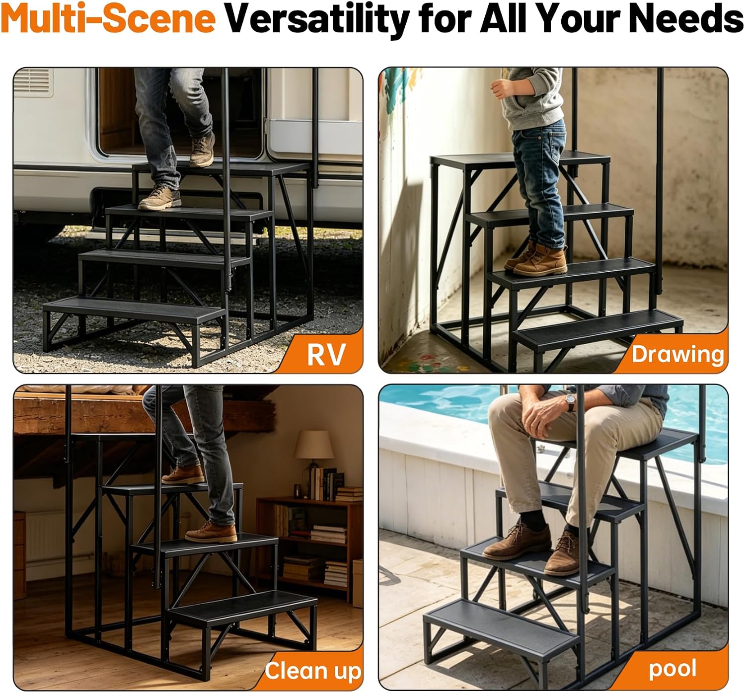 RV Steps with Handrail, 660 LBS Hot Tub Stairs, Heavy Duty Anti-Slip Steps for Pool, Garden, Mobile Home, Warehouse, Porch, Stairs for Outdoor Indoor Use (4-Step)