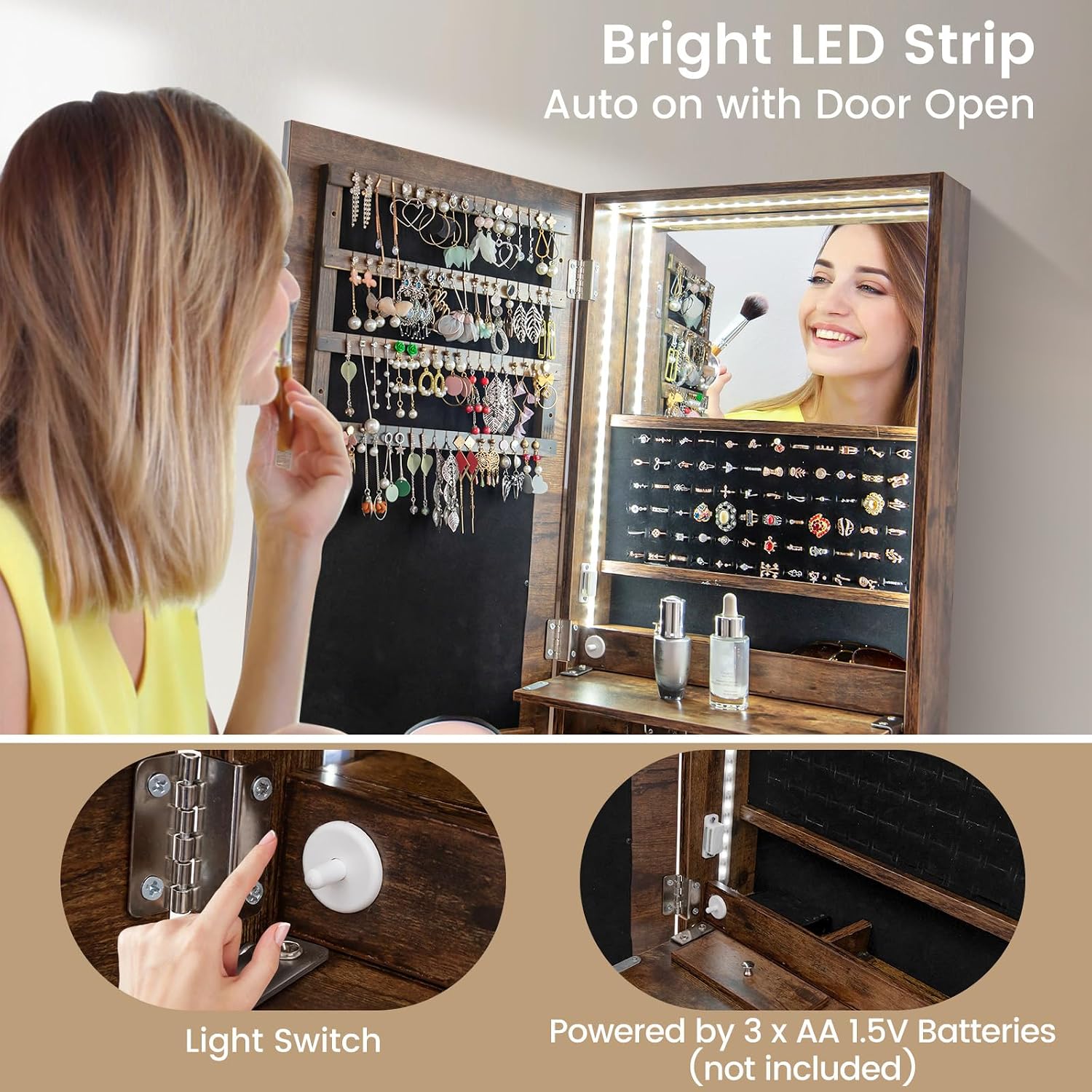 GOFLAME Jewelry Cabinet Freestanding, LED Lighted Jewelry Armoire with Full-length Frameless Mirror, Foldable shelf, 6 Drawers, Lockable Mirrored Jewelry Cabinet with 3 Adjustable Angle (Brown)