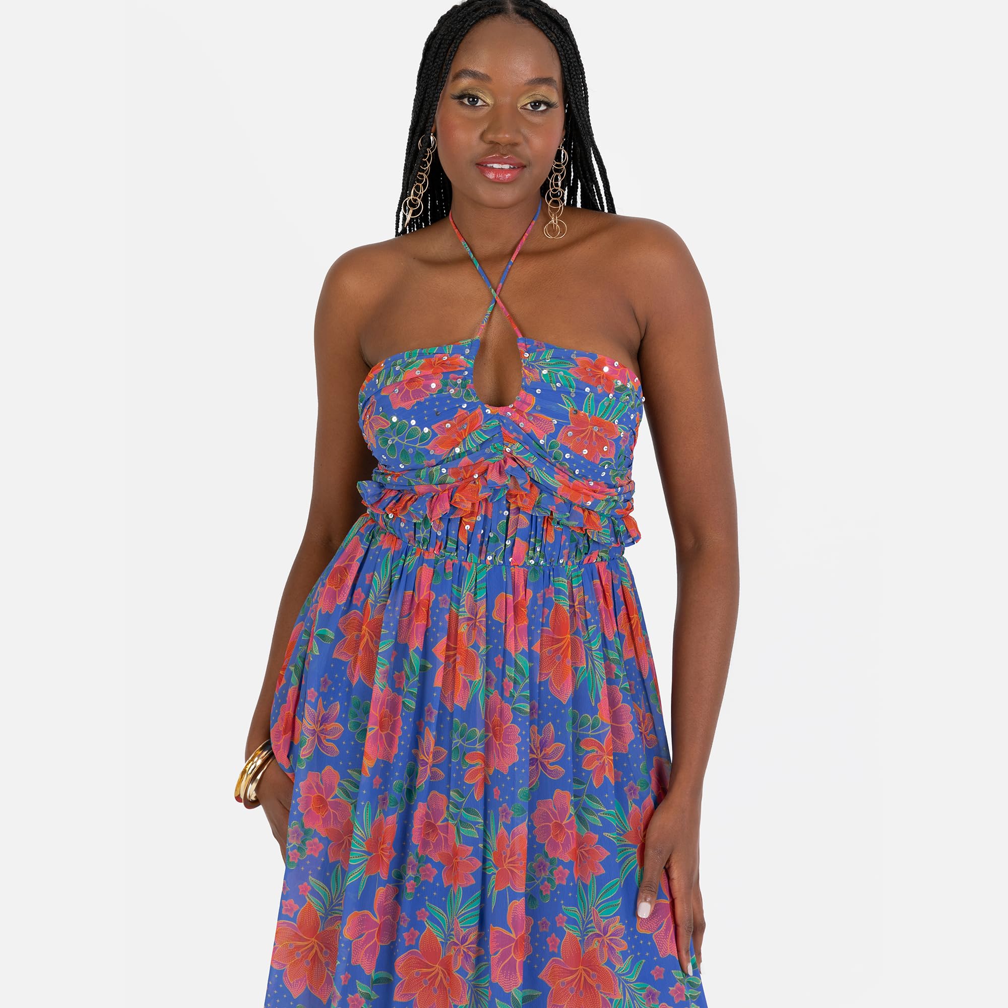 Anaya with Love Midaxi-Vestito a Maniche Corte, con Stampa Floreale, con Paillettes e Orlo, Blu Cobalto, 54 Donna