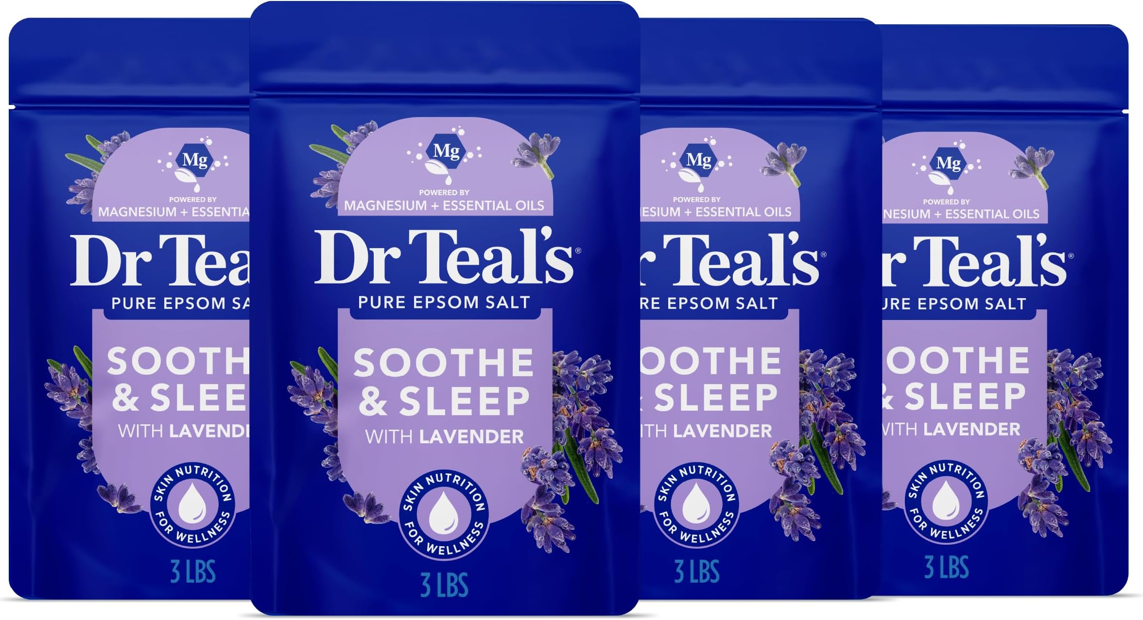 Pure Epsom Magnesium Salt Soak, Soothe & Sleep with Lavender, 3 lb (Pack of 4)