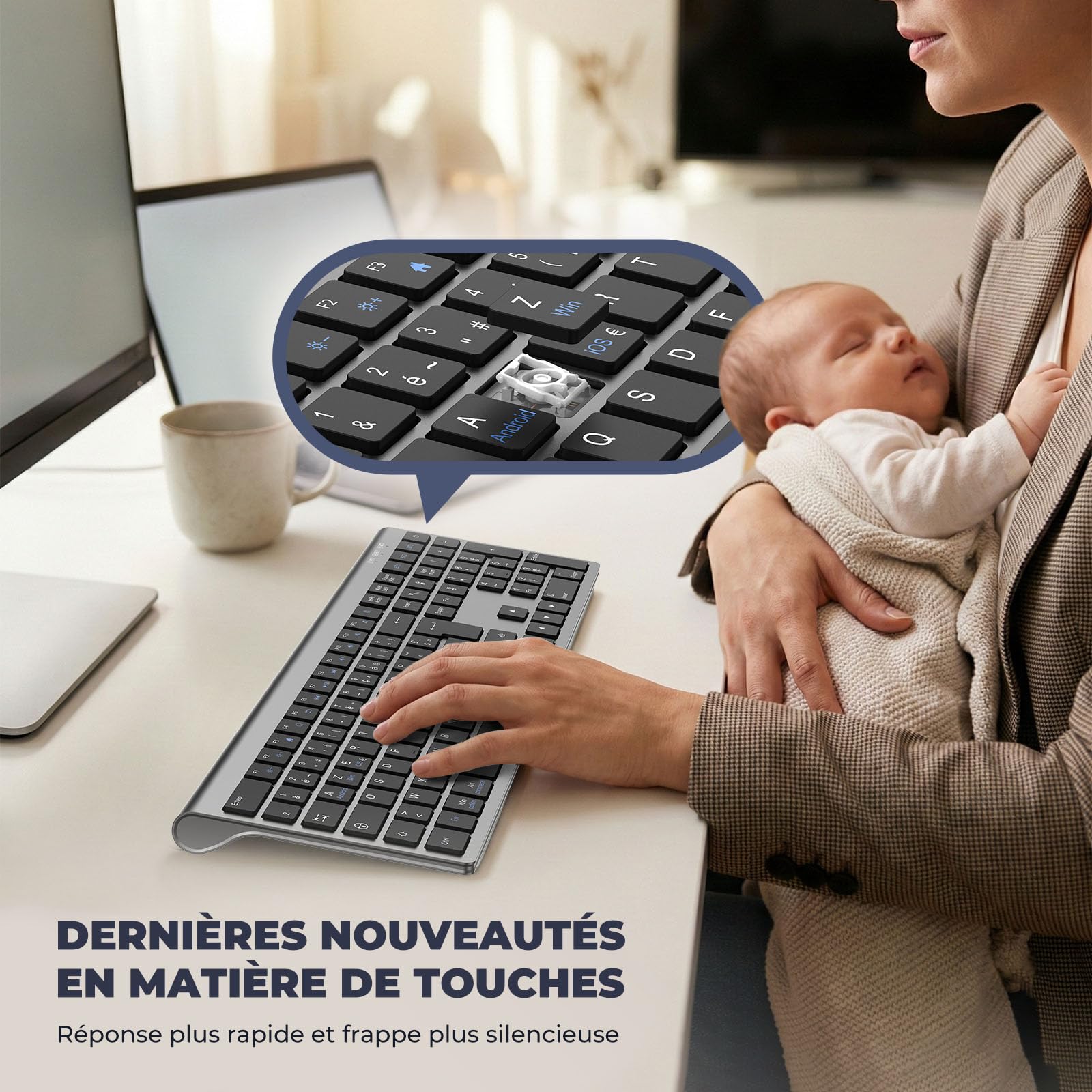 cimetech Clavier sans Fil Silencieux Bluetooth(BT1+BT2+BT3), Clavier Rechargeable, Ultra-Fin, AZERTY Français, avec Pavé Numérique, pour MacOS/iOS/Android/Windows/PC/Ordinateur/Portable-Gris Noir