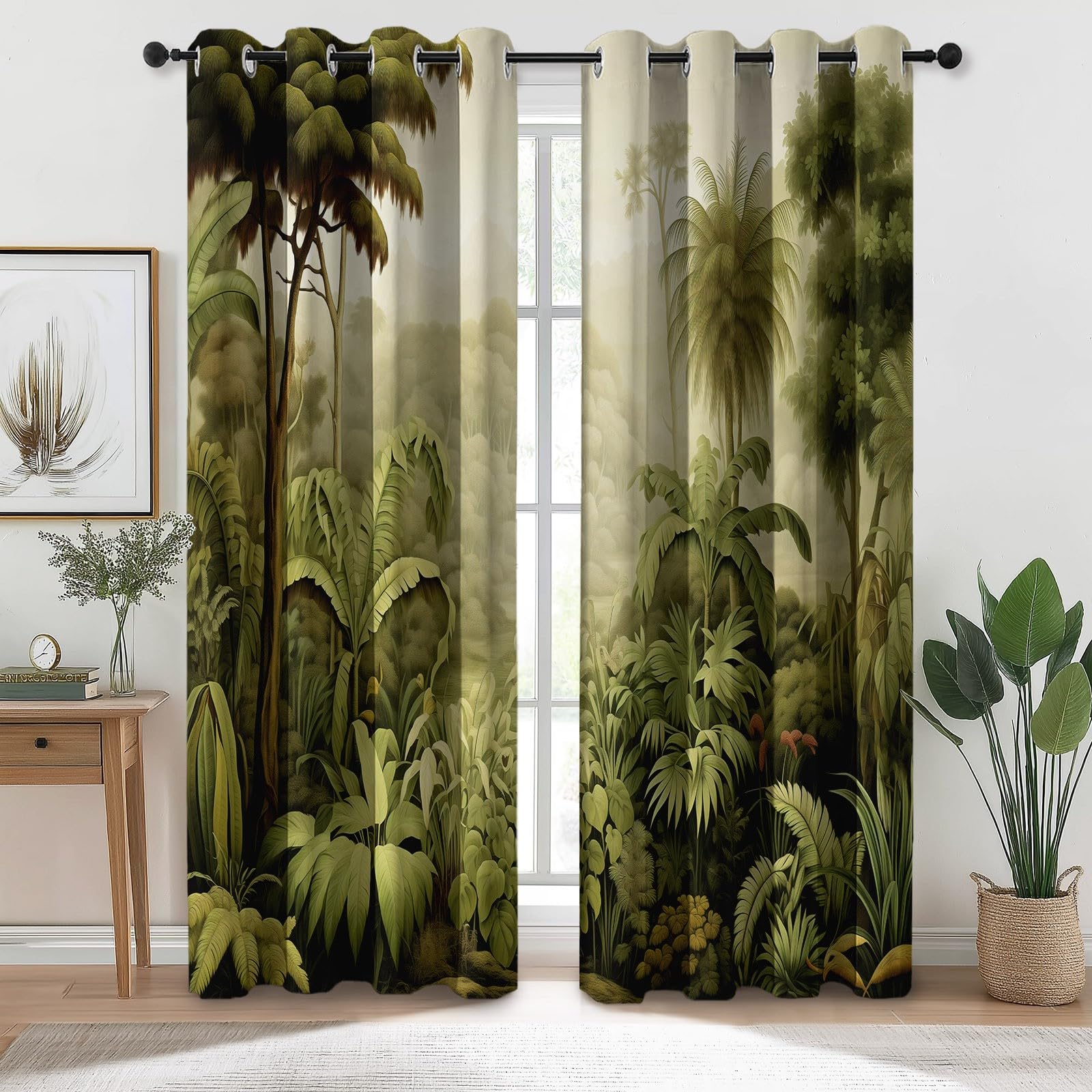 Zasłony zaciemniające do wnętrz - Natura Vintage Las deszczowy Nieprzezroczysta zasłona do sypialni, 117 x 229 cm (2 panele), termiczne zielone lasy, zasłony z oczkami do biura i salonu