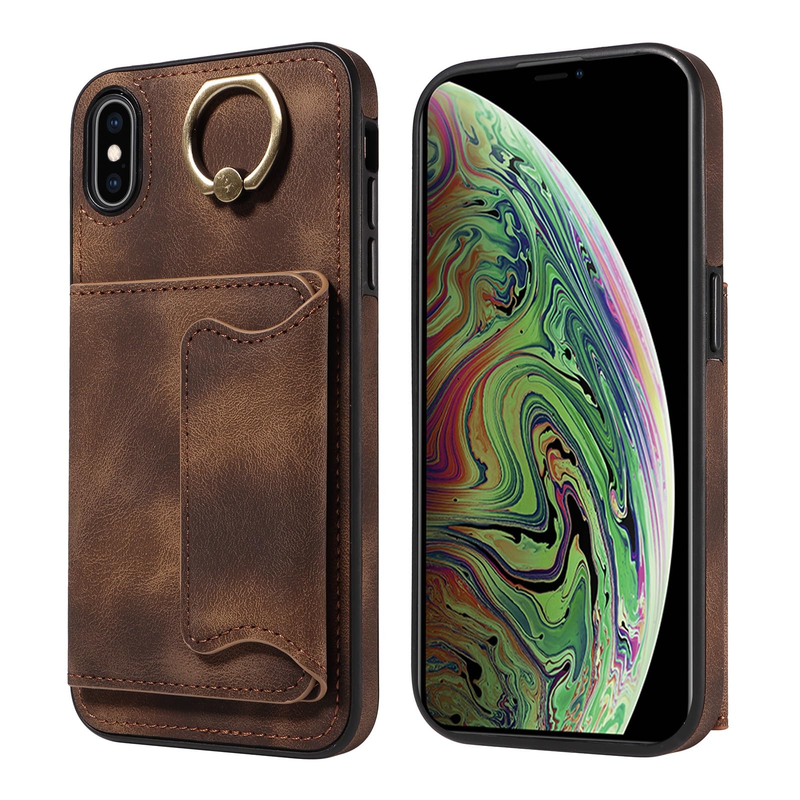 Étui portefeuille iPhone Xs Max marron avec béquille double fermoir - 8