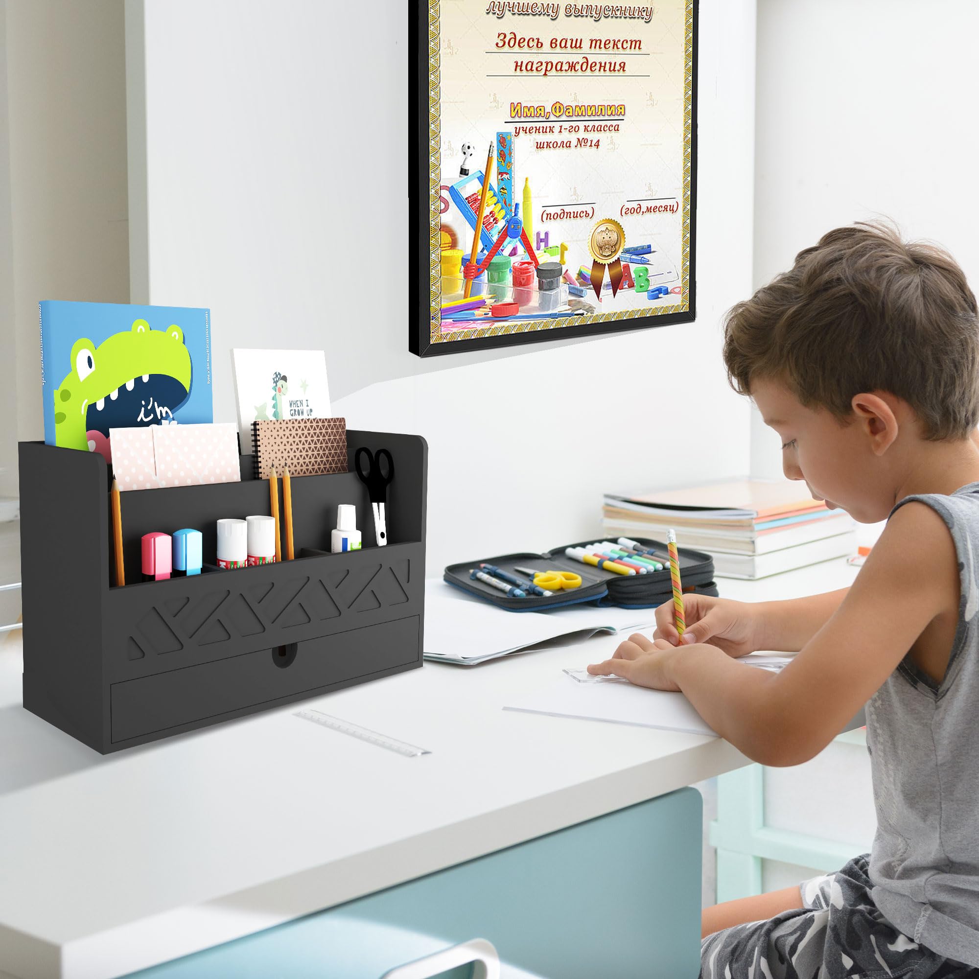 Wisuce Bambus-Post-Organizer mit Schublade – Schreibtisch-Organizer mit Akten-Organizer für Bürobedarf, All-in-One-Schreibtisch-Organizer mit Stifthalter für Papierbriefumschläge, Rechnungen