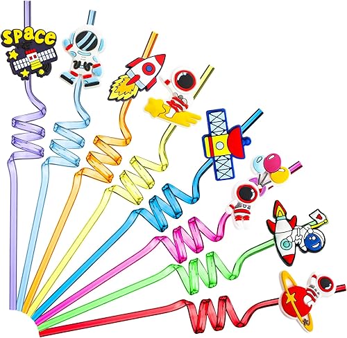 Skyley 24 popotes del espacio exterior, reutilizables, sistema solar, cohete de plástico, astronauta, satélite, planeta, suministros de fiesta,