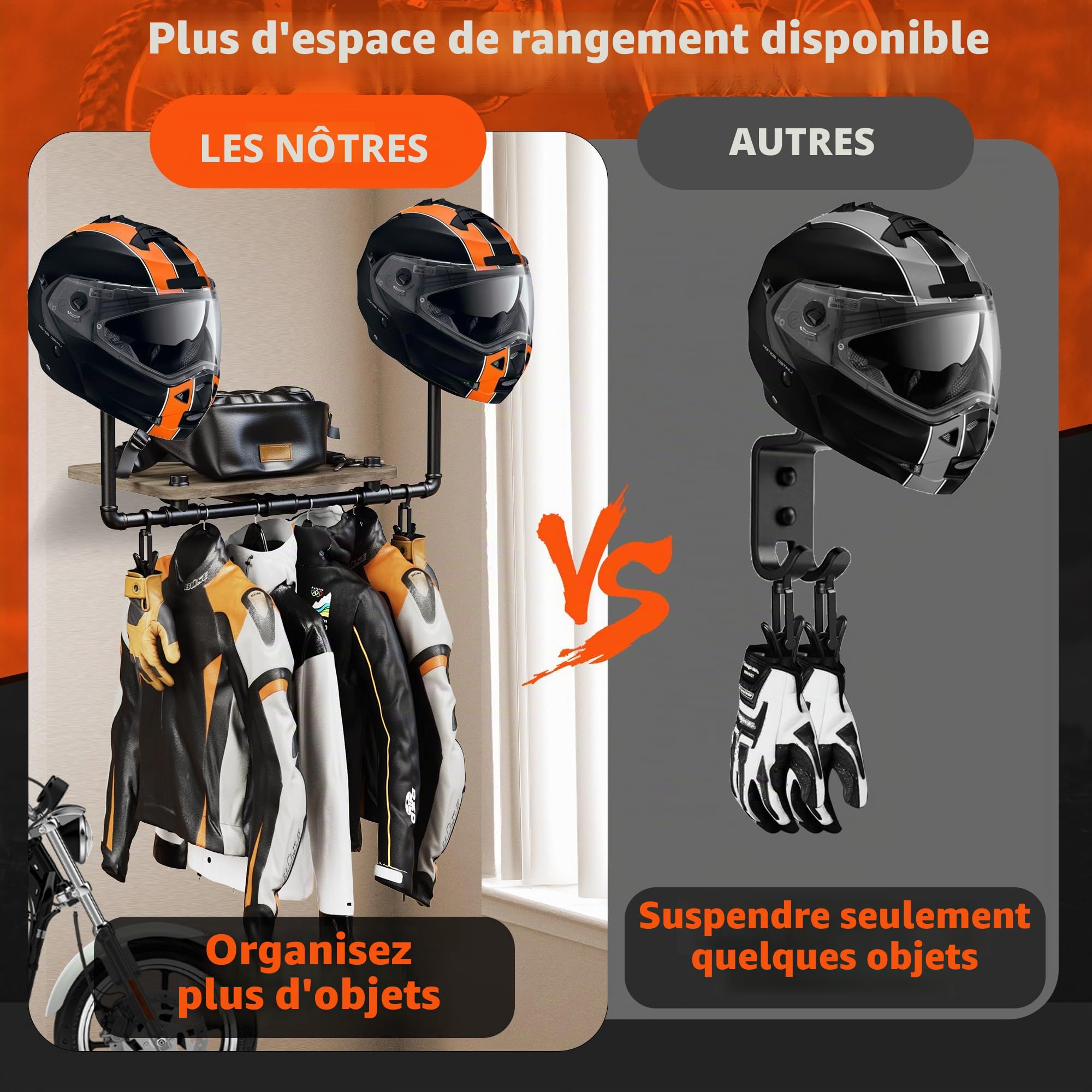 Support mural 3 en 1 pour casque de moto avec 2 clips pour gants, support de casque en bois massif et métal (marron)