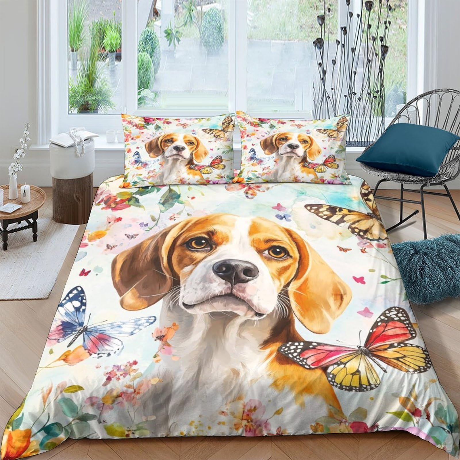 Linge de lit Beagle en microfibre résistante et parure de couette 3 pièces avec fermeture éclair