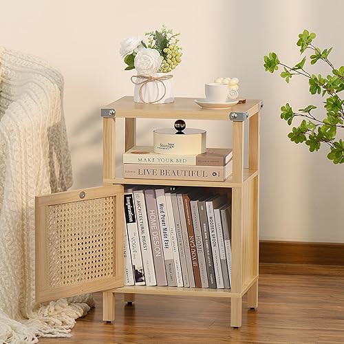 Miniatura 8 de Lerliuo Juego de 2 mesitas de noche de ratán, mesa auxiliar con puerta de ratán natural hecha a mano y estante abierto, mesita de noche de madera