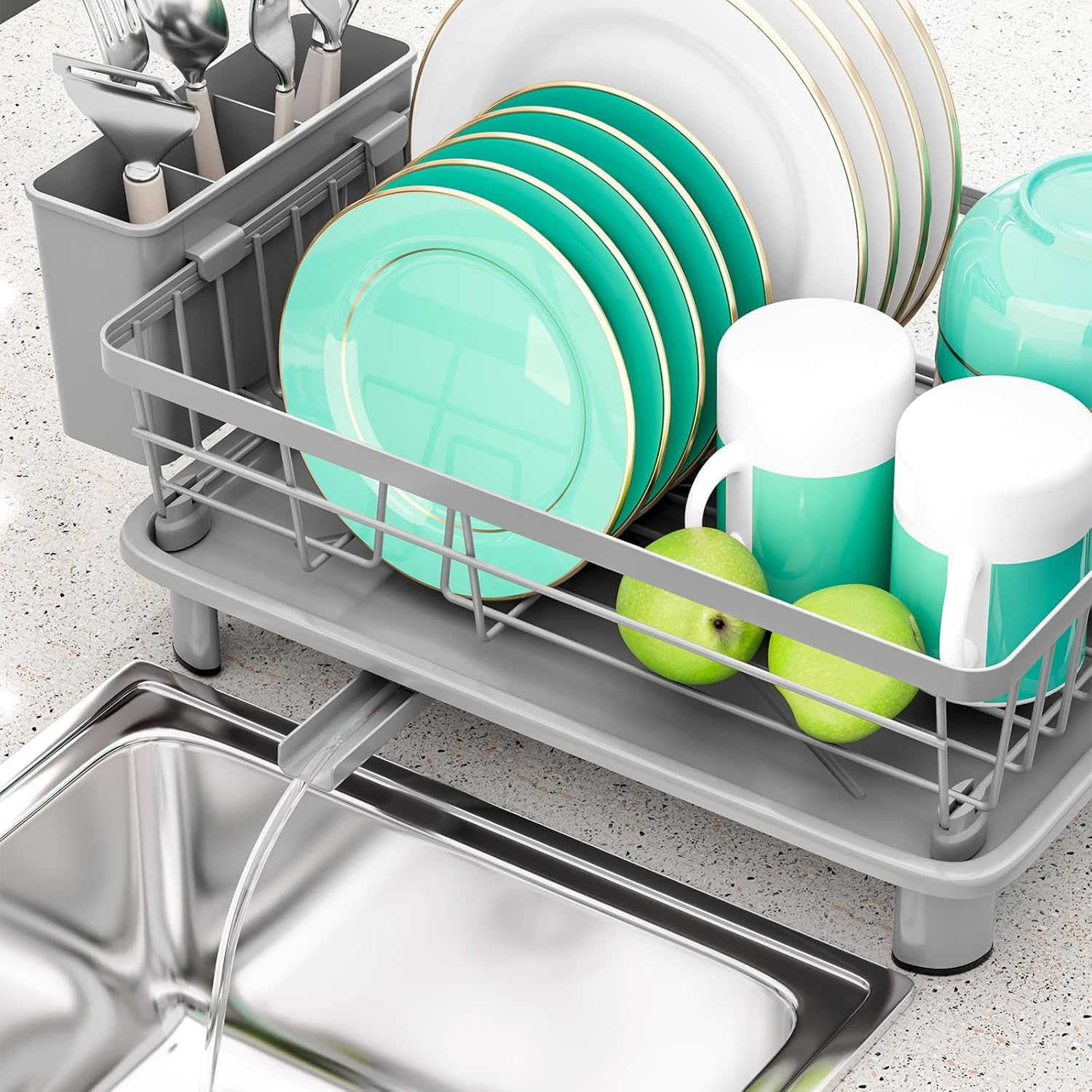 Small Dish Drying Rack, Space Saving Dish Racks for Kitchen Counter, Kitchen Organizer Dish Drainer with Cutlery Holder for Spoons and Forks, 11''W x 15''L, Gray