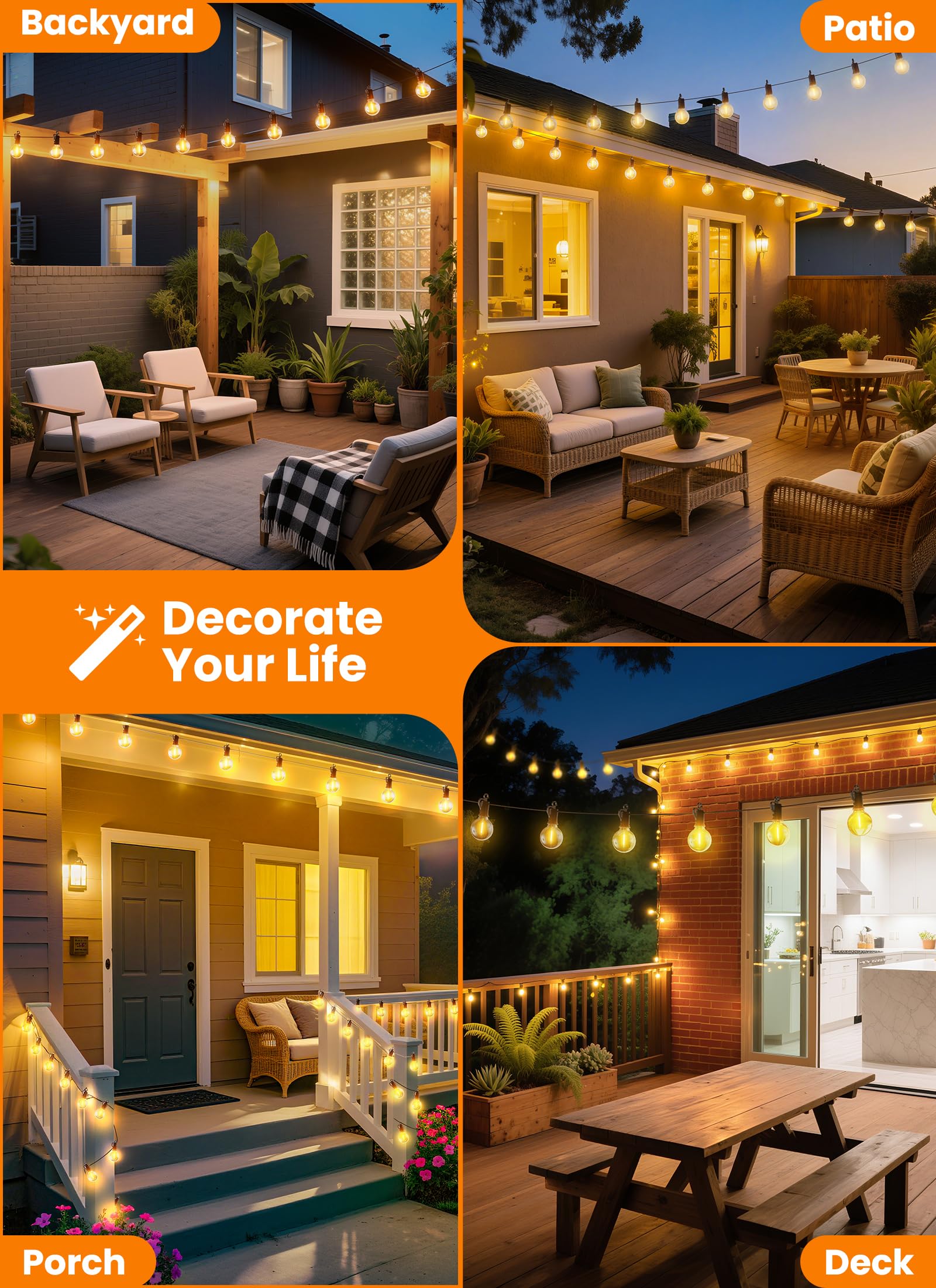 Outdoor String Patio Lights 100FT 50 LED String Lights Waterproof Connectable Shatterproof Hanging Outside Light Backyard Porch Deck Balcony Garden Yard Decor Lighting Edison Bulbs 2200K - 5