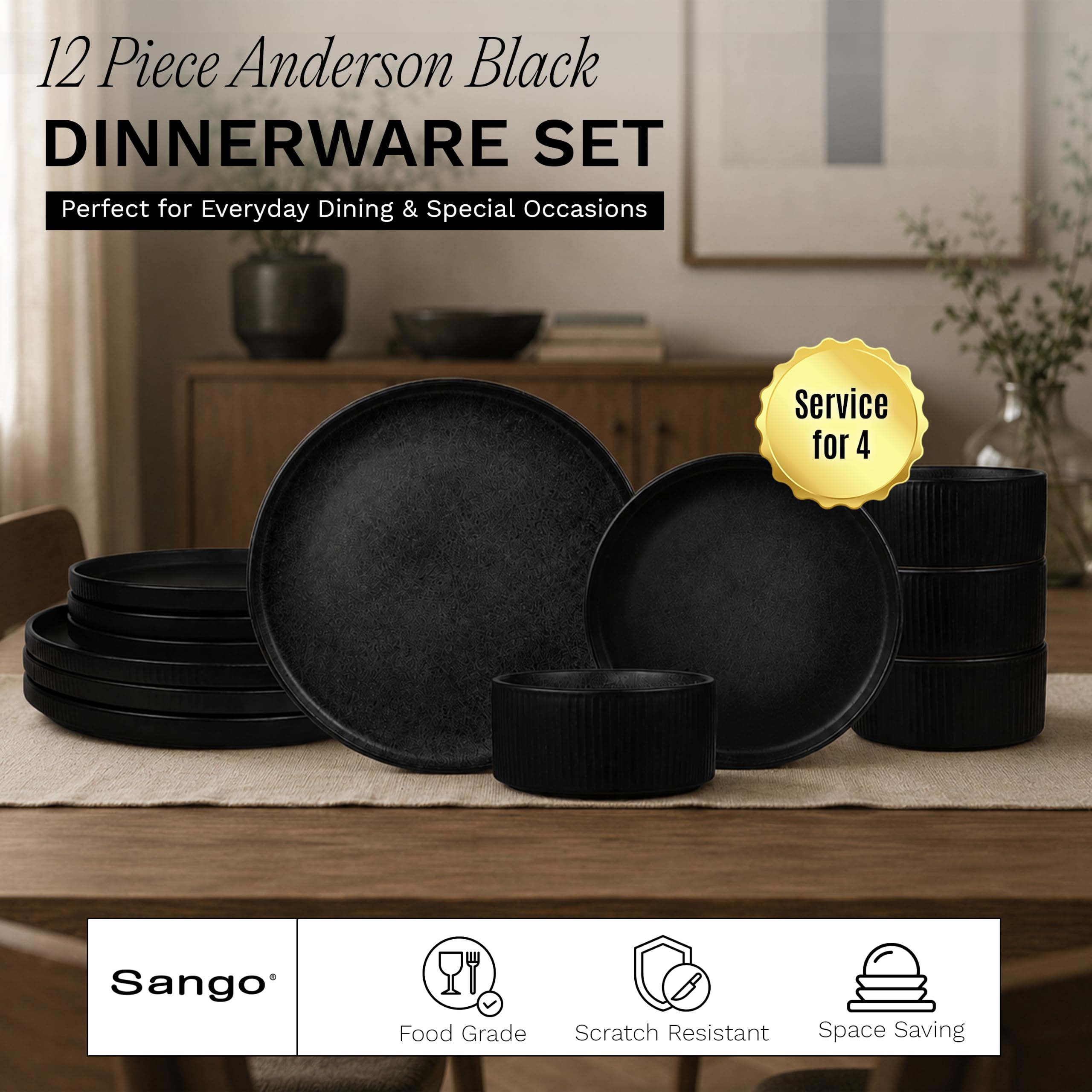 Sango Anderson Geschirr-Set aus Steingut, geriffelt, modernes schwarzes Geschirr für 4 Personen, Premium-Servierteller und Schüssel-Sets, splitter- und kratzfest, Keramik-Küchenschale, mikrowellen