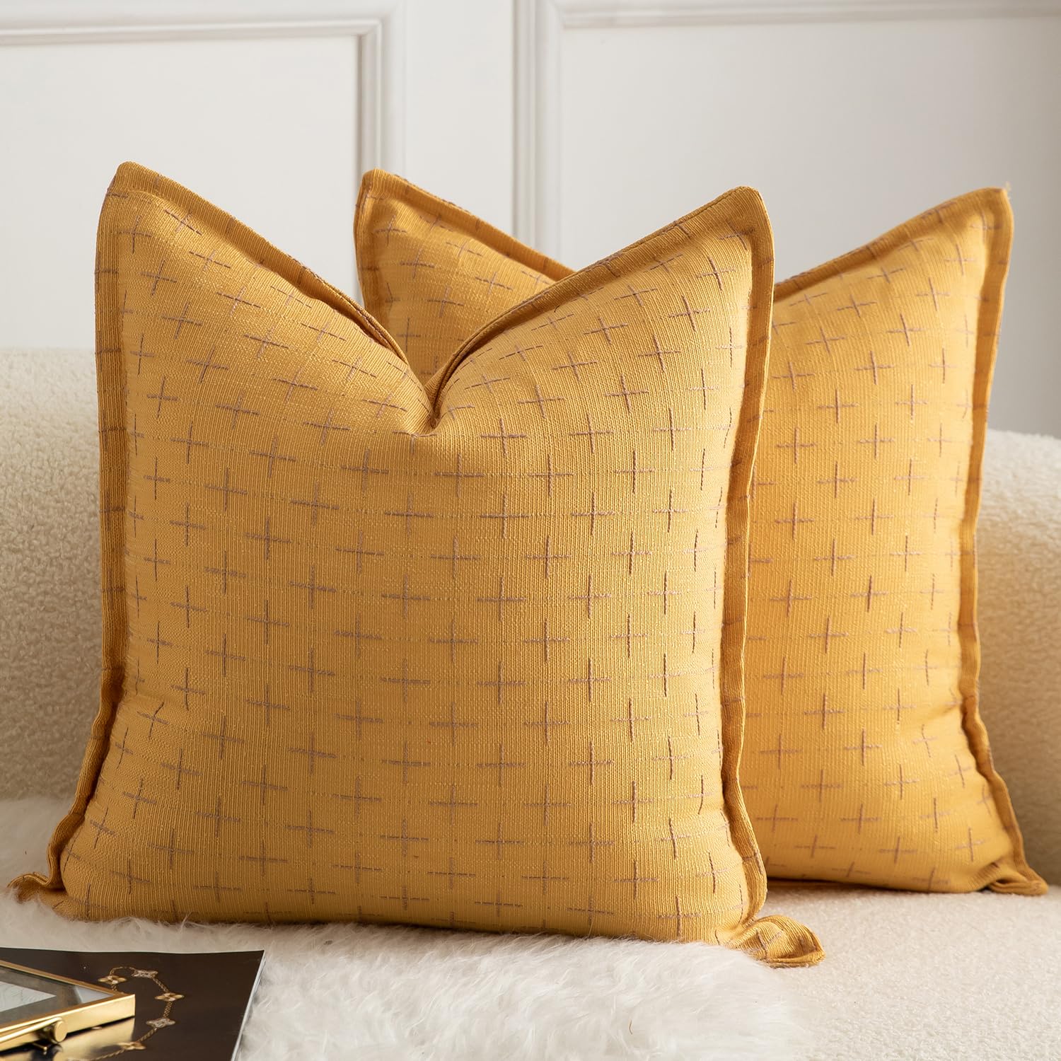 Mandioo Pack of 2 Burlap Linen Cushion Covers Woven Textured Modern Farmhouse Throw Pillow Cases Decorative Couch Sofa Bed Living Room 24 x 24 Inch 60x60 cm Yellow