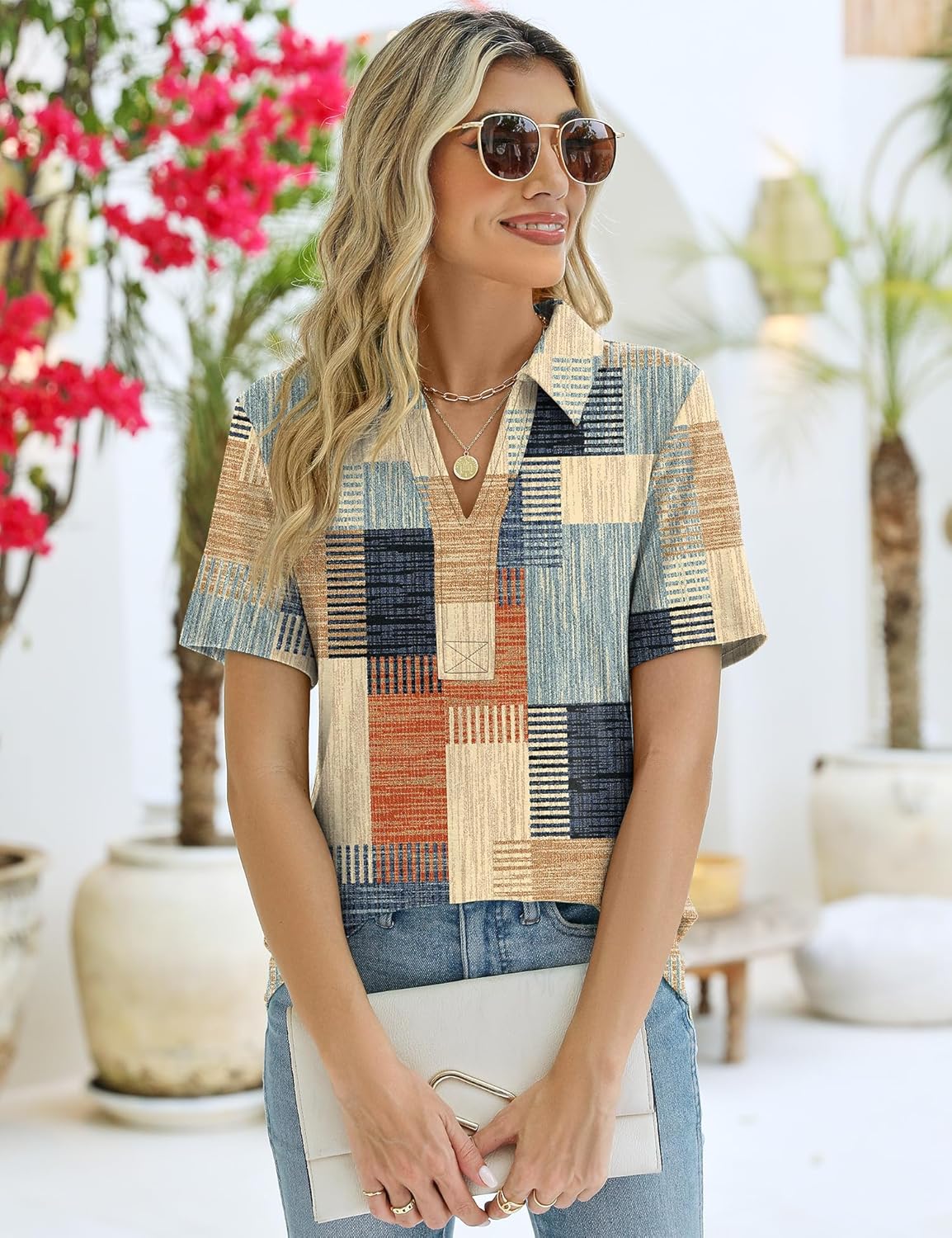 ZHENWEI Women's Short Sleeve V-Neck Polo Shirts Business Casual Work Collared Tops Dressy Johnny Collar Cute Blouses - Image 4