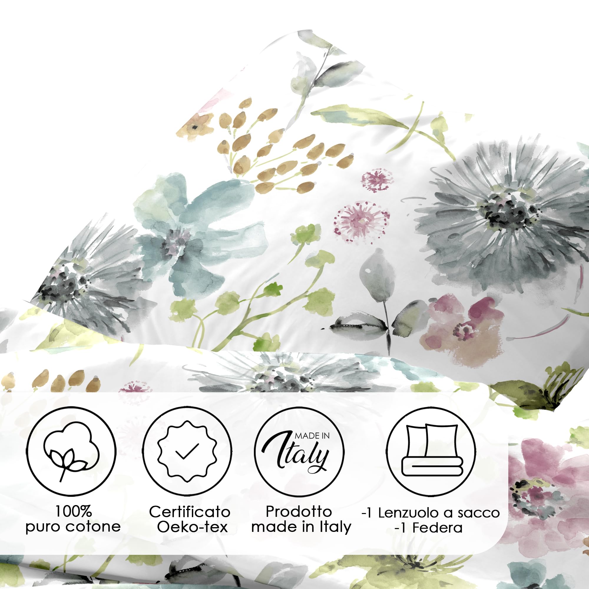 Ruggeri - Set Copripiumino Piazza e Mezza - 100% Puro Cotone - Made In Italy - Collezione Flower Mon Amour (Eden)