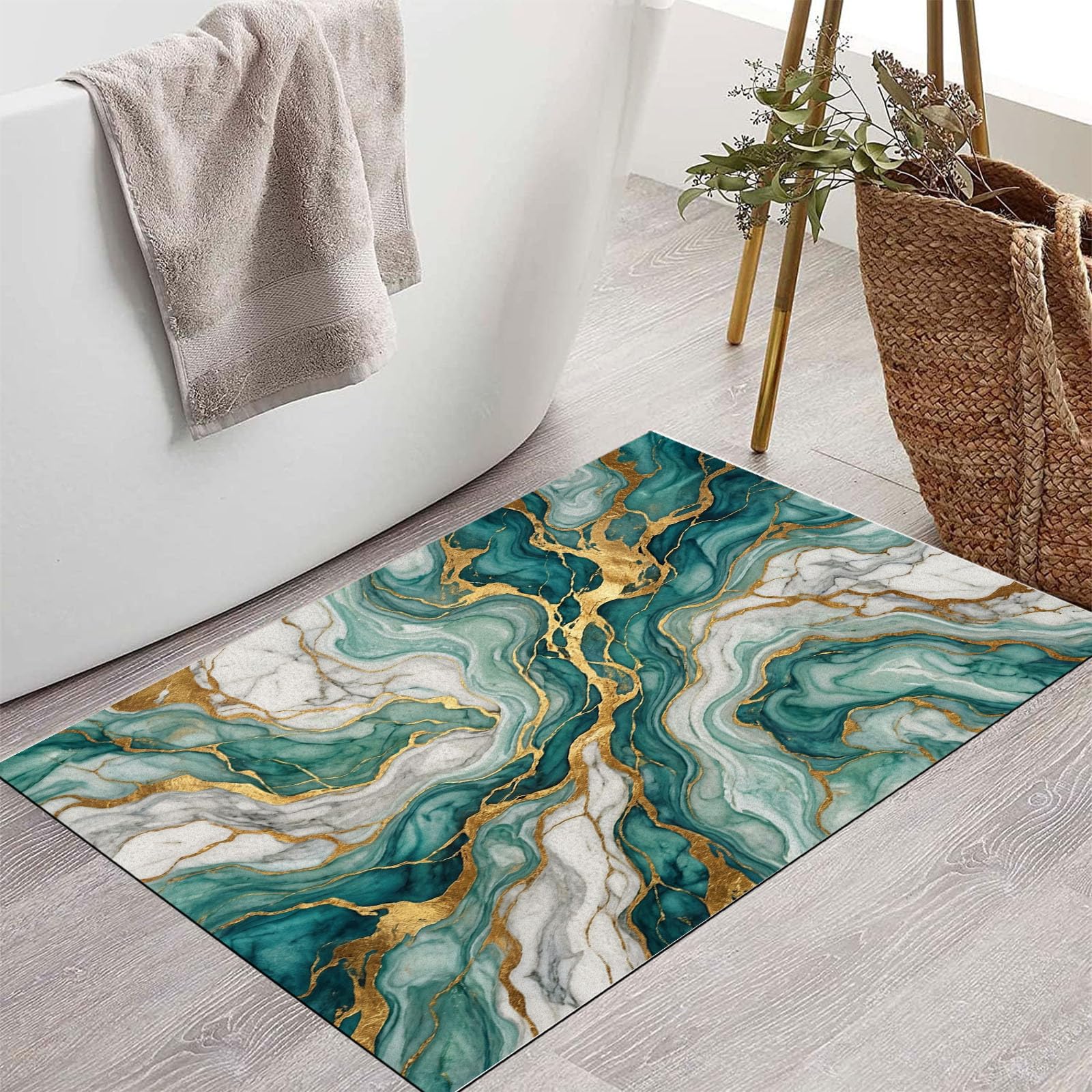 Zerbino 90X150Cm Per Interni Ed Esterni, Vortex Di Marmo Di Lusso, Tappetino Lavabile In Lavatrice, Zerbini Resistente Morbido Antiscivolo, Onde Moderne, Tappeto Ingresso, Verde Smeraldo