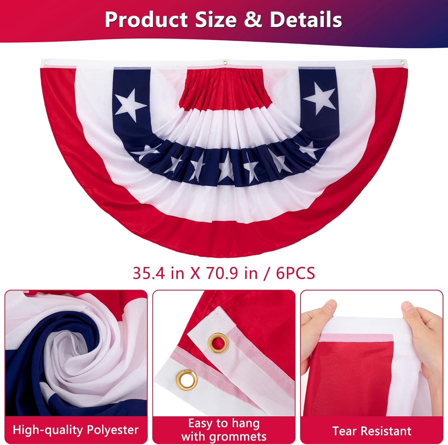 6 PCS Fourth of July Decorations, 3 x 6 FT Large Patriotic USA Pleated Fan Flags, Outdoor American Flag Banner US Half Fan Bunting Flag for 4th of July Memorial Day Door Yard Home Decor - Image 2