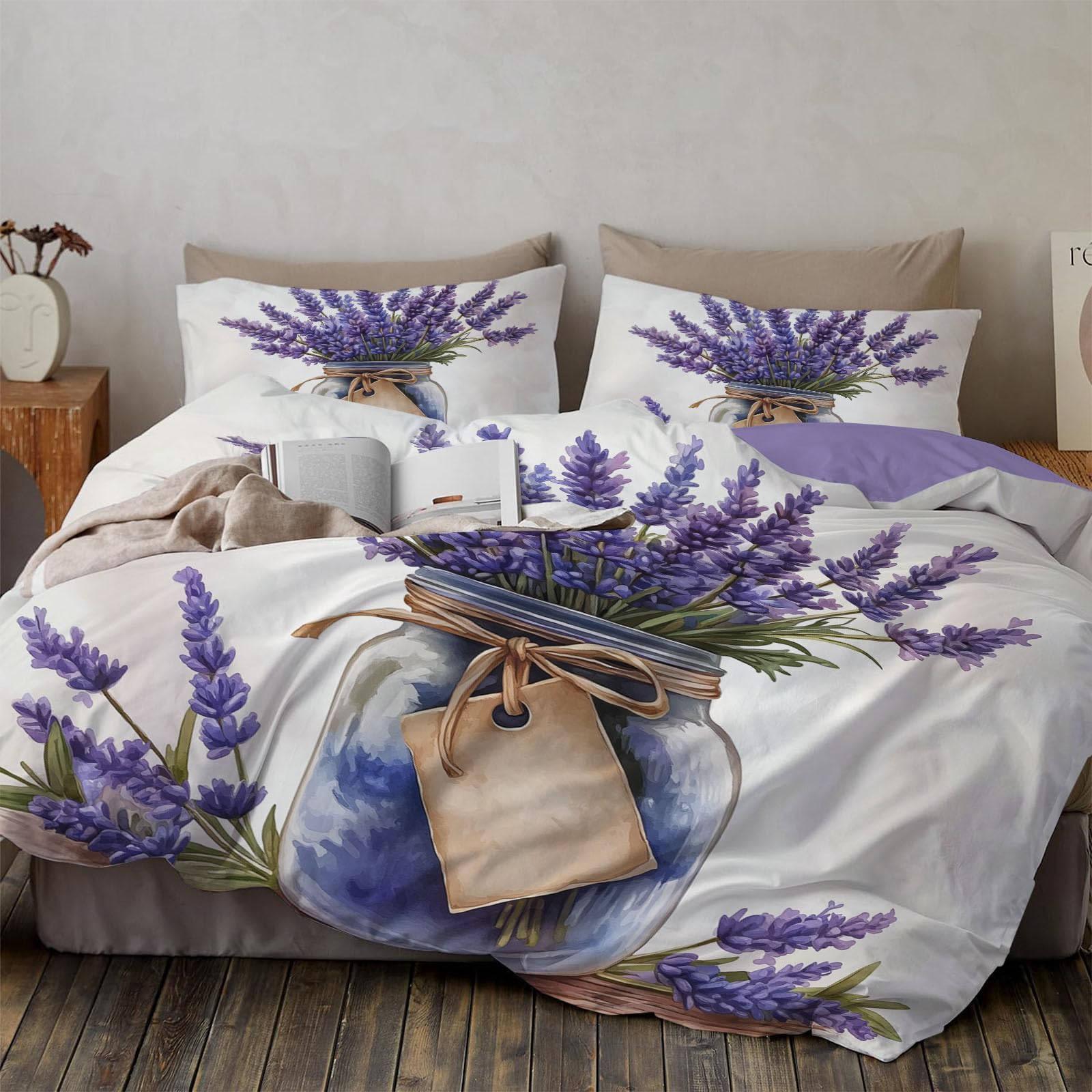 Parure de couette aquarelle pour lit deux personnes motif lavande beige