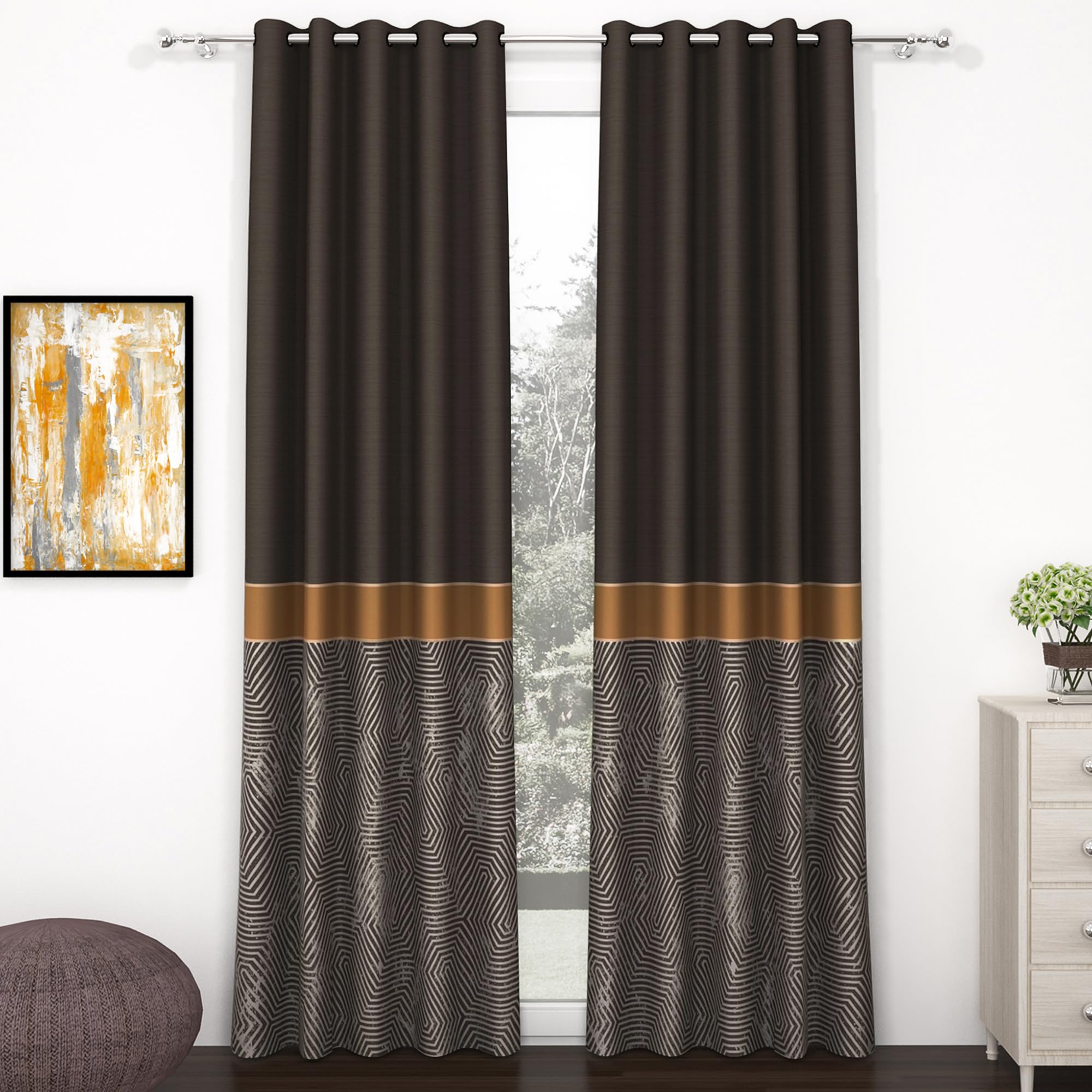 Story@Home Blackout Digital Print Long Door Curtains 9 Feet Long Set of 2 | Room Darkening Curtain | Thermal Insulated Curtains for Living Room | (118 X 275 cm, Dark Brown)