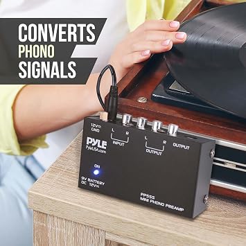 Pyle Phono Turntable Preamp – Cell & Adaptor Powered, Compact Black
